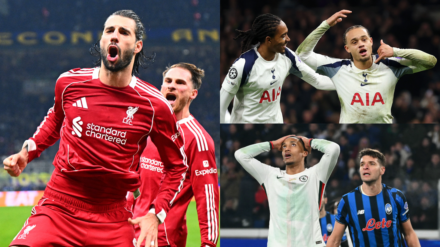 Collage of photos showing Dominik Szoboszlai of Liverpool and Xavi Simons of Spurs celebrating but Chelsea striker Joao Pedro looking disappointed