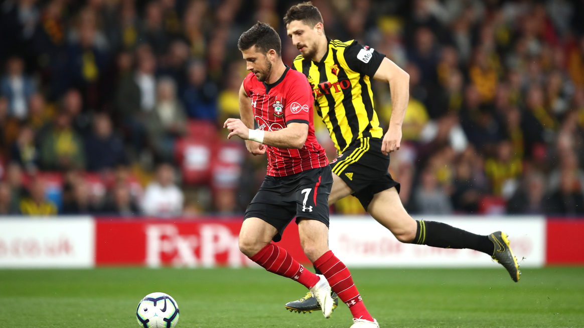 Southampton forward Shane Long runs past Watford defender Craig Cathcart to score the fastest-ever Premier League goal after just 7 seconds in April 2019
