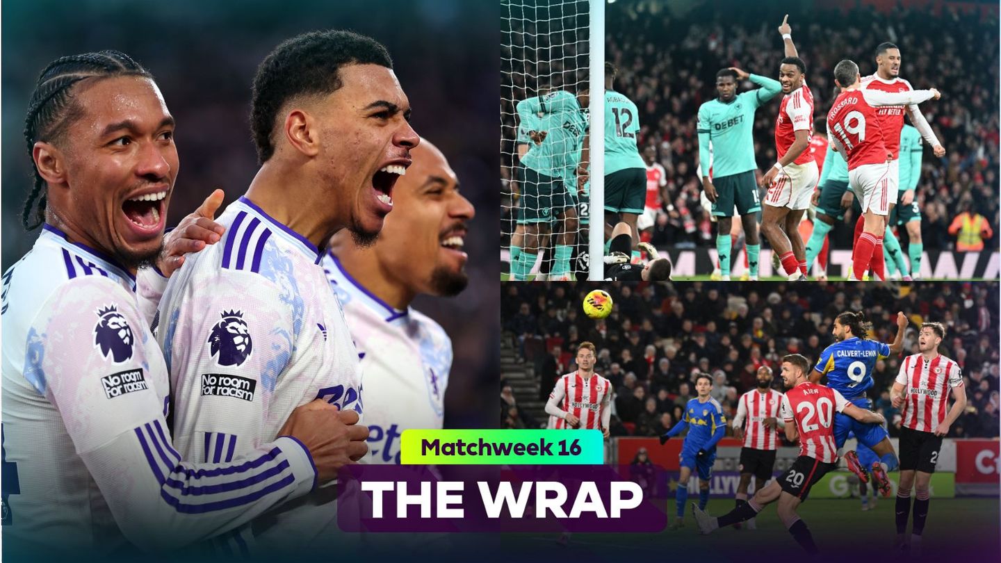 Rogers celebrates (main), Arsenal players react after late own goal (top right) and Calvert-Lewin scores for Leeds (bottom right)