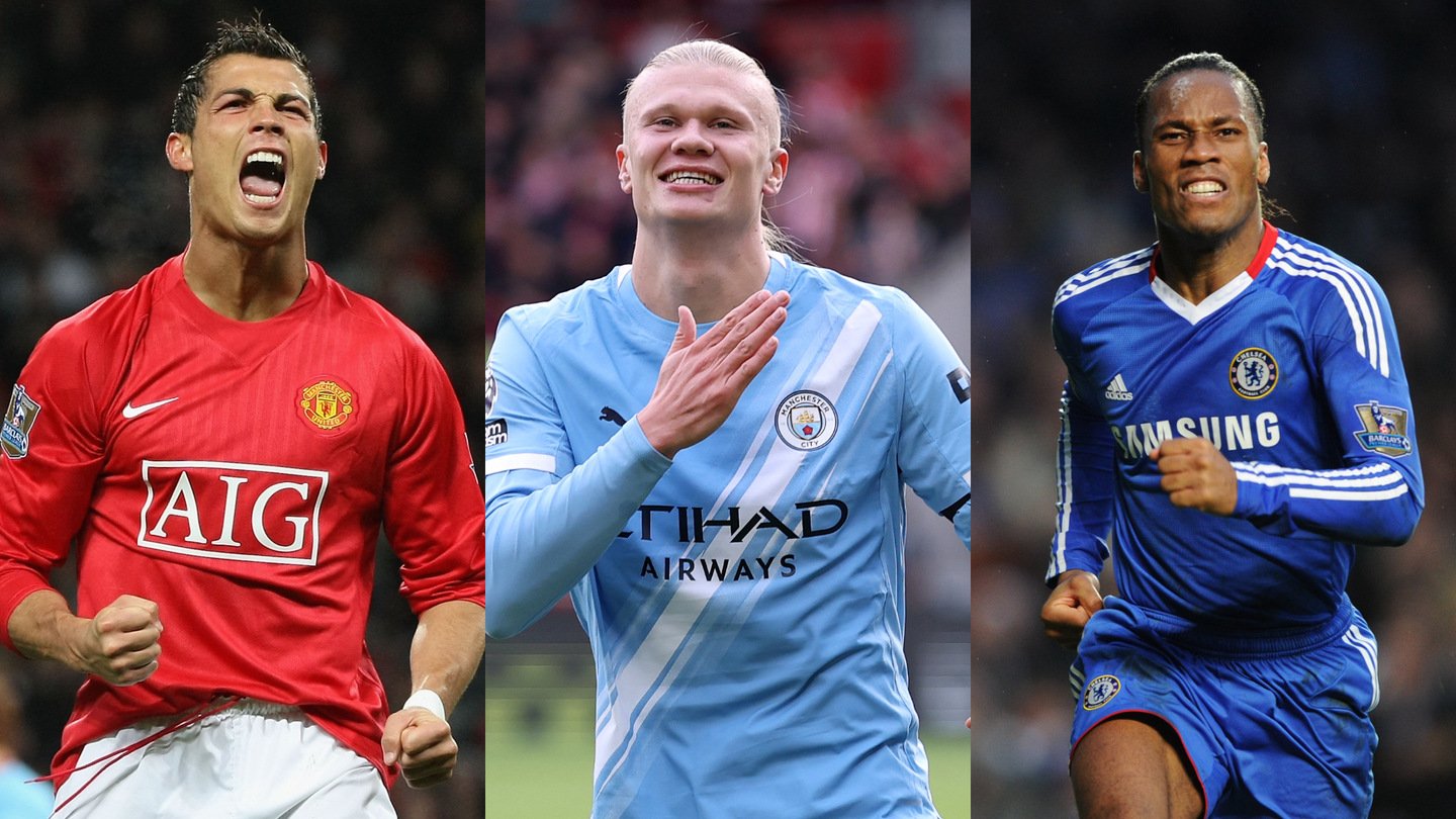 Ronaldo-Haaland-Drogba celebration composite