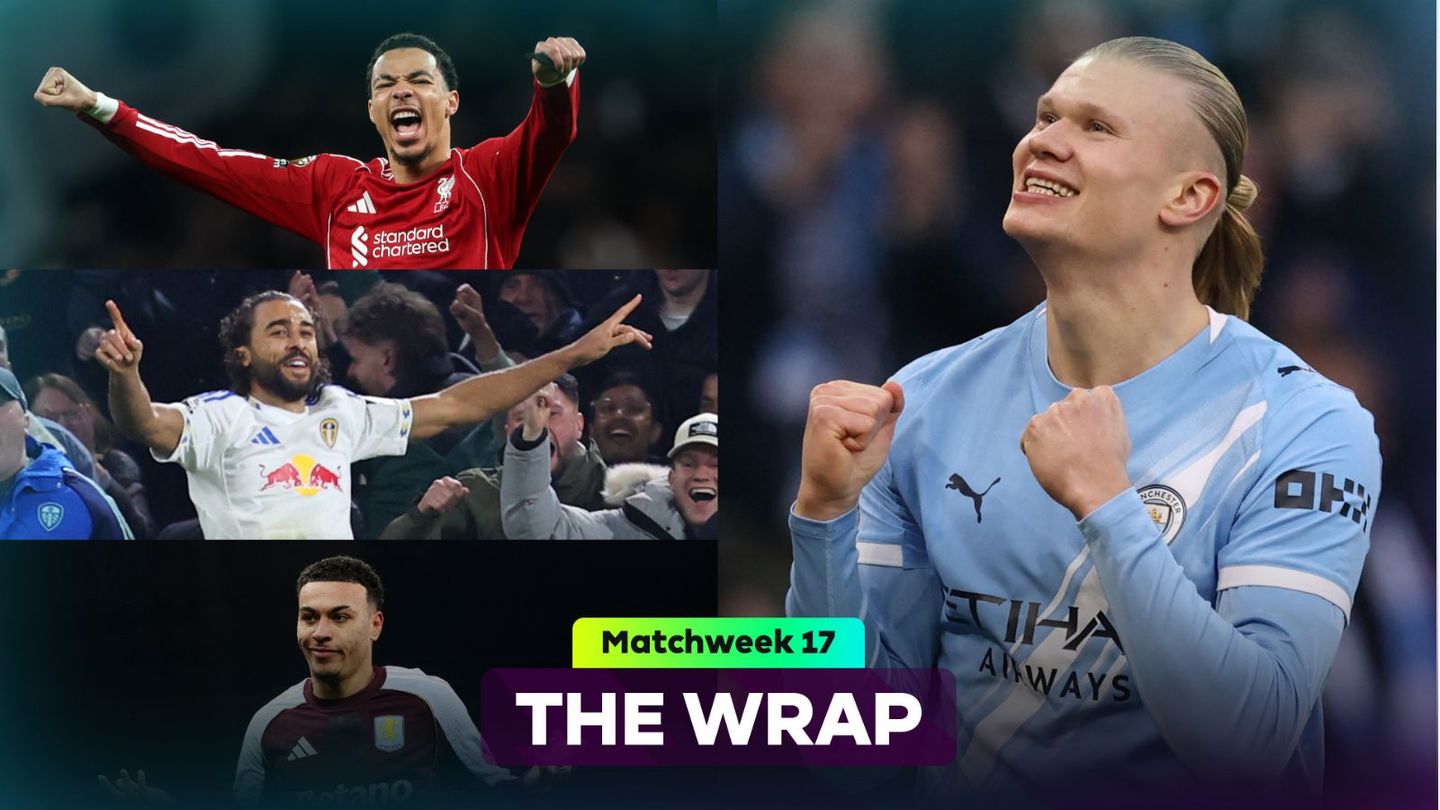 Ekitike (top left), Calvert-Lewin (middle left), Rogers (bottom left) and Haaland (right) all celebrating goals in Matchweek 17