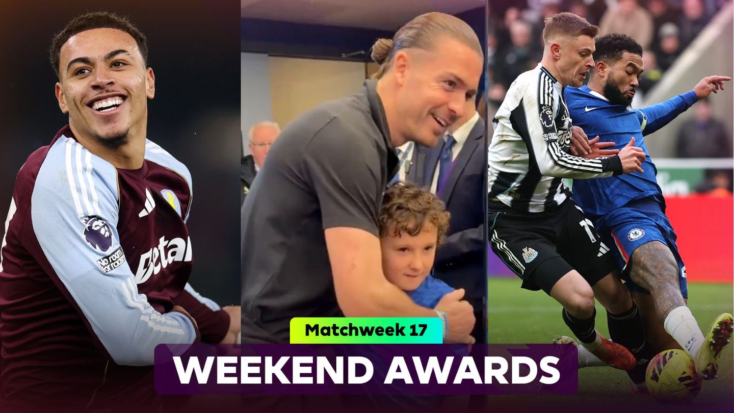 Rogers celebrates (left) Grealish meets Georgie (middle), James tackles (far right)