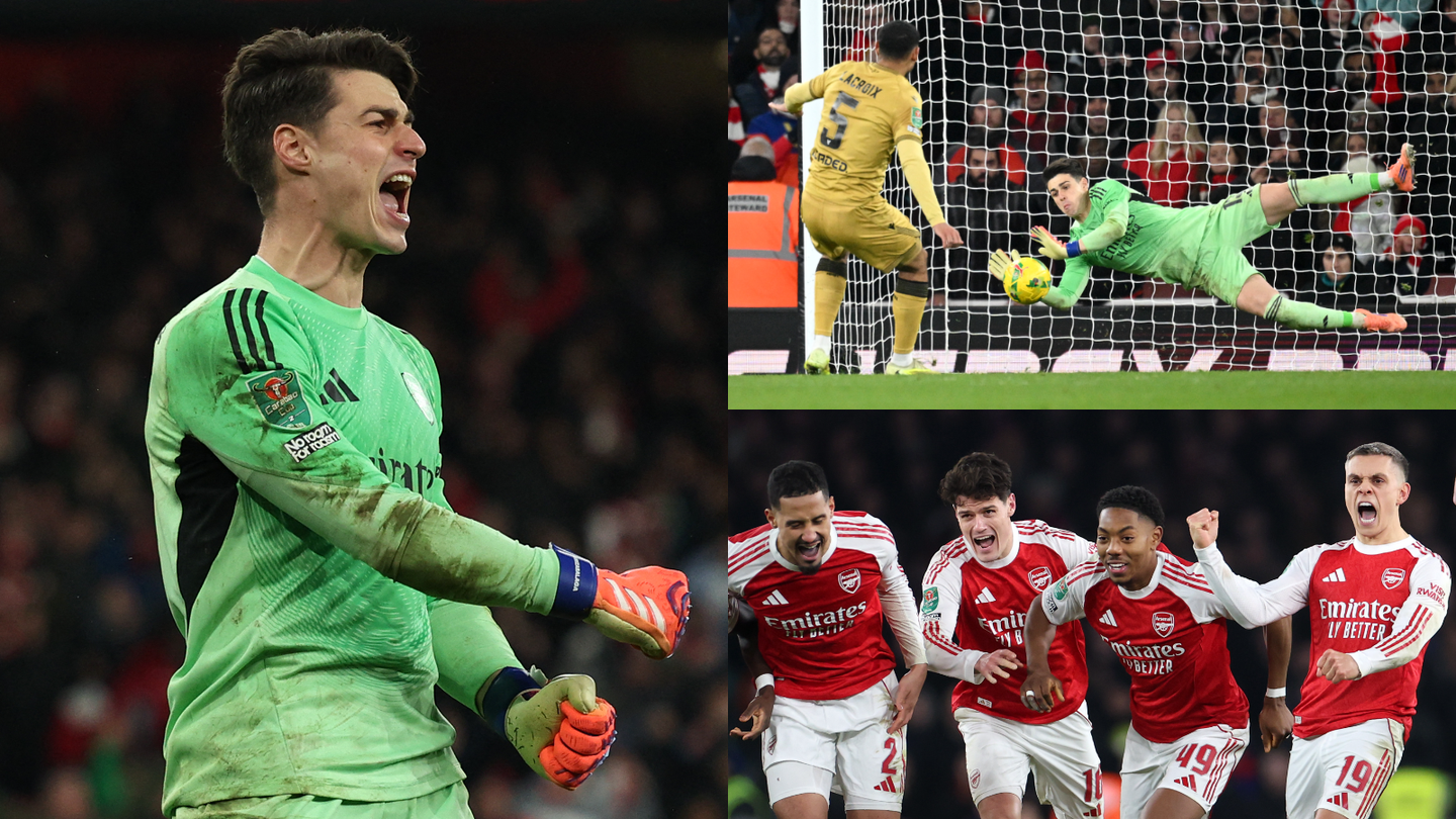 Photo collage of Kepa Arrizabalaga celebrating and saving Maxence Lacroix penalty and team-mates William Saliba Christian Norgaard Miles Lewis-Skelly Leandro Trossard celebrating