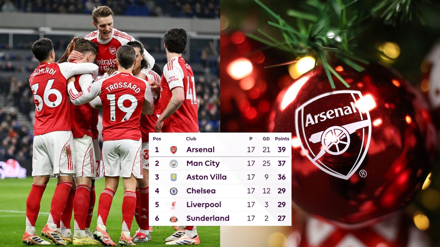 A composite of Arsenal players celebrating on the left, an Arsenal Christmas decoration on the right, and a screenshot of the PL table in the middle