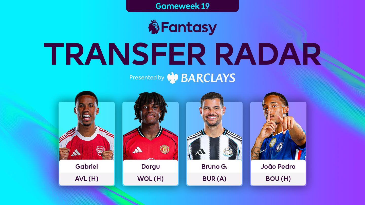 An image of Gabriel, Patrick Dorgu, Bruno Guimaraes and Joao Pedro for FPL Gameweek 19 Transfer Radar