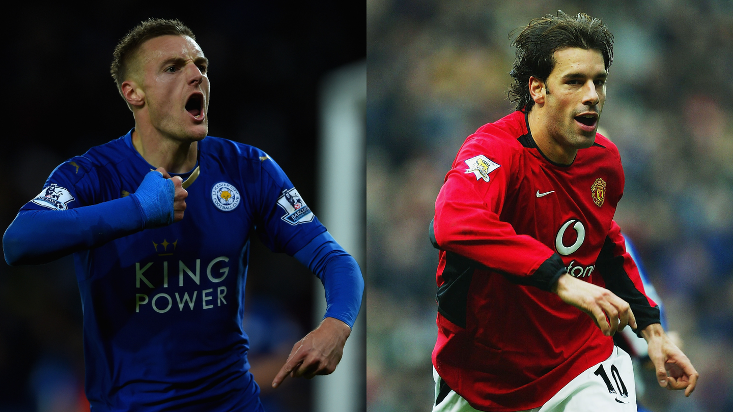 Collage of two photos showing Jamie Vardy and Ruud van Nistelrooy celebrating after scoring Premier League goals