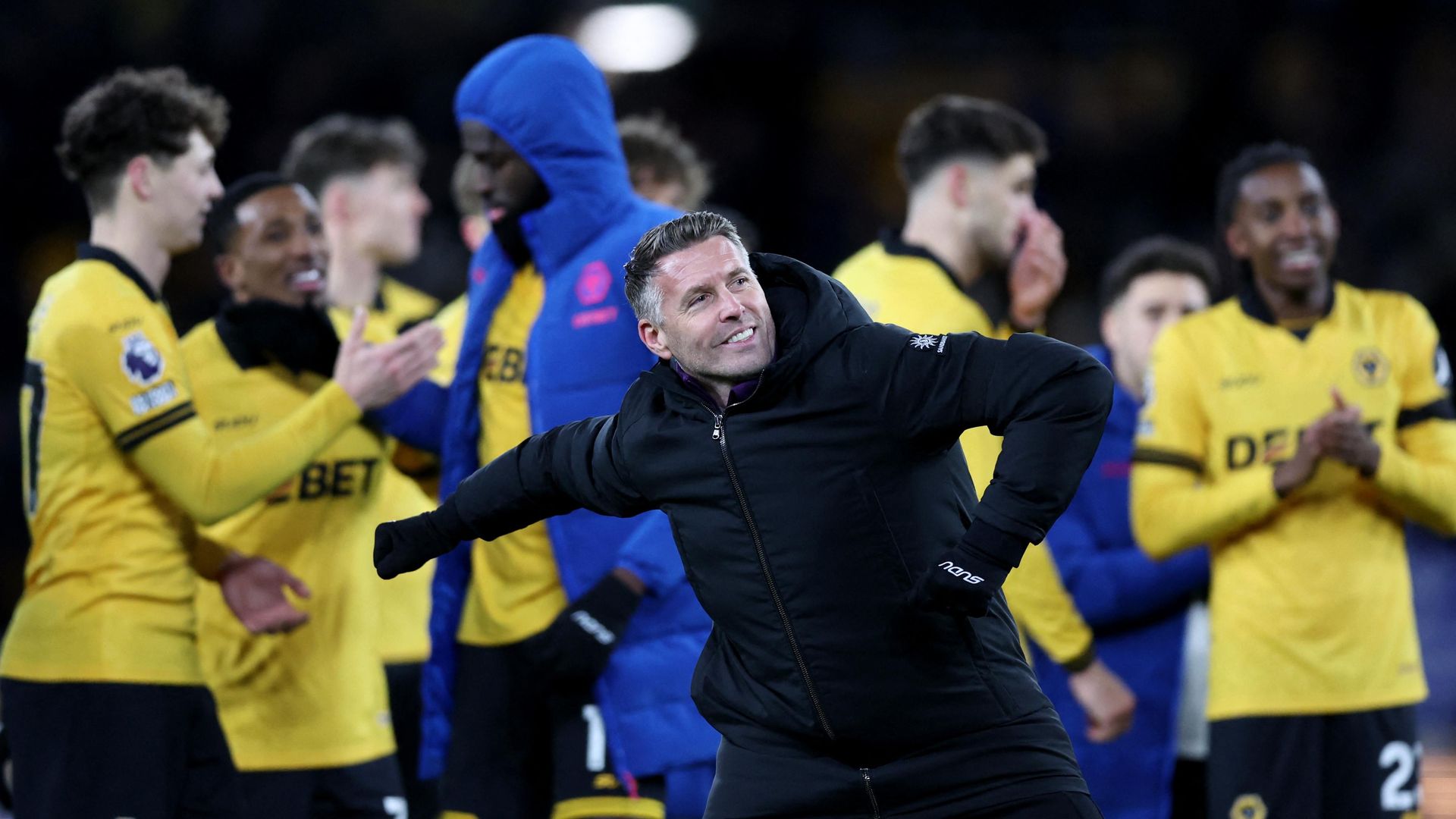 Rob Edwards shows his delight after Wolves' win over West Ham