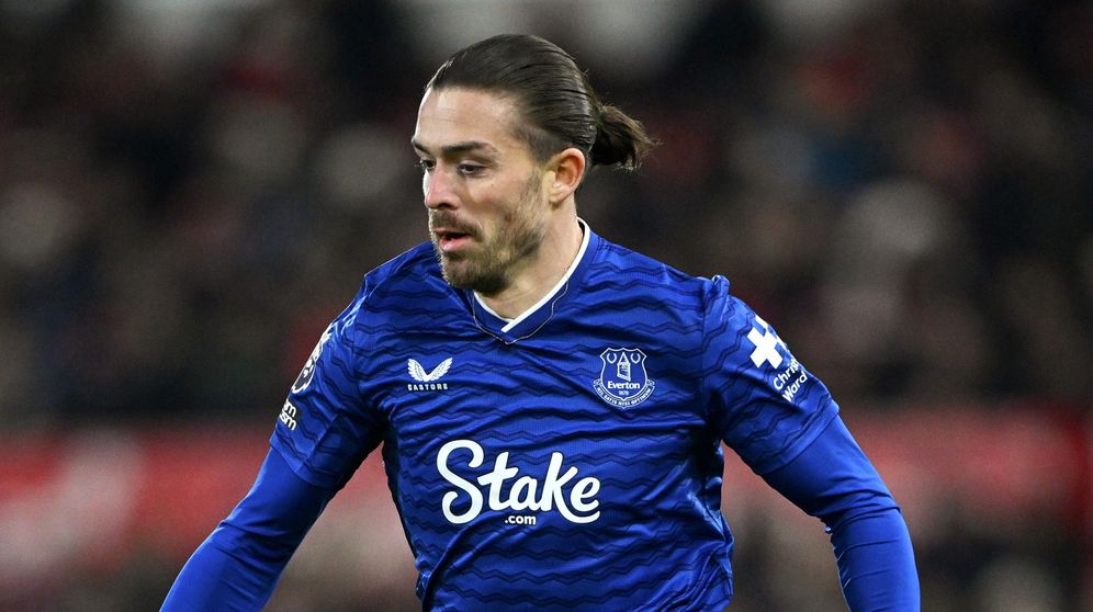 Jack Grealish in an Everton home shirt during his loan spell at the club
