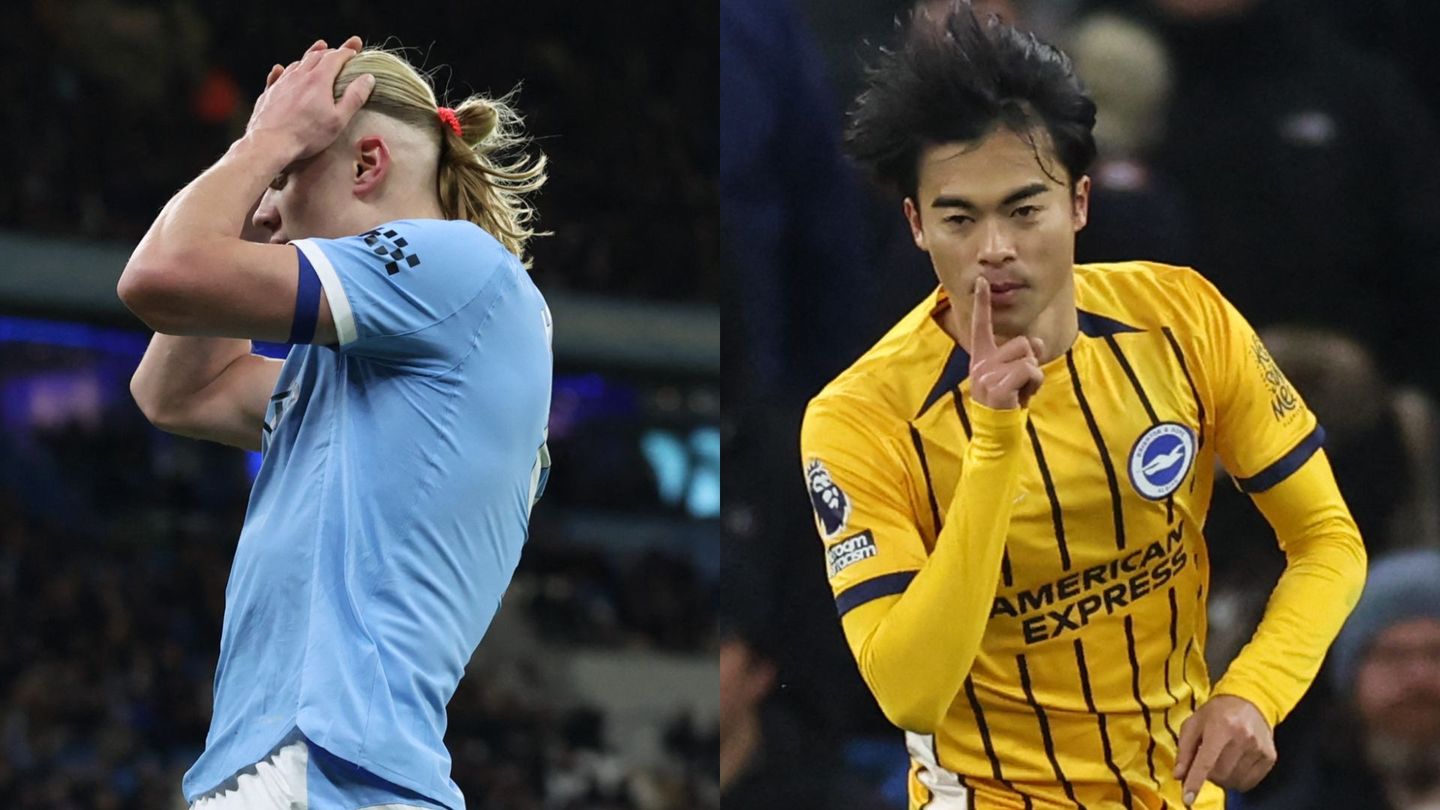 Erling Haaland holds his head (left) and Kaoru Mitoma celebrates (right)