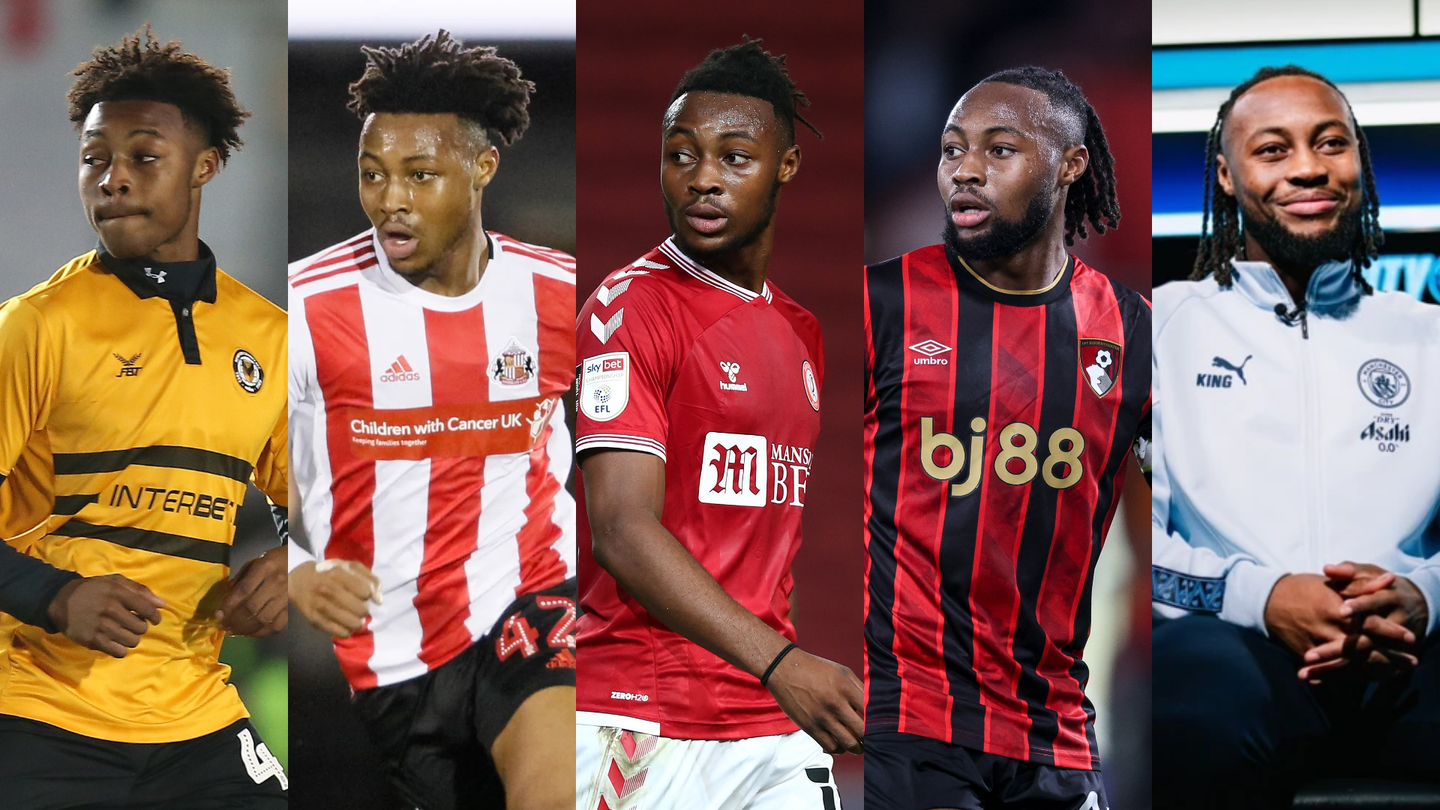 Collage of photos showing Antoine Semenyo in the shirts of Newport and Sunderland and Bristol City and Bournemouth and the tracksuit of Manchester City