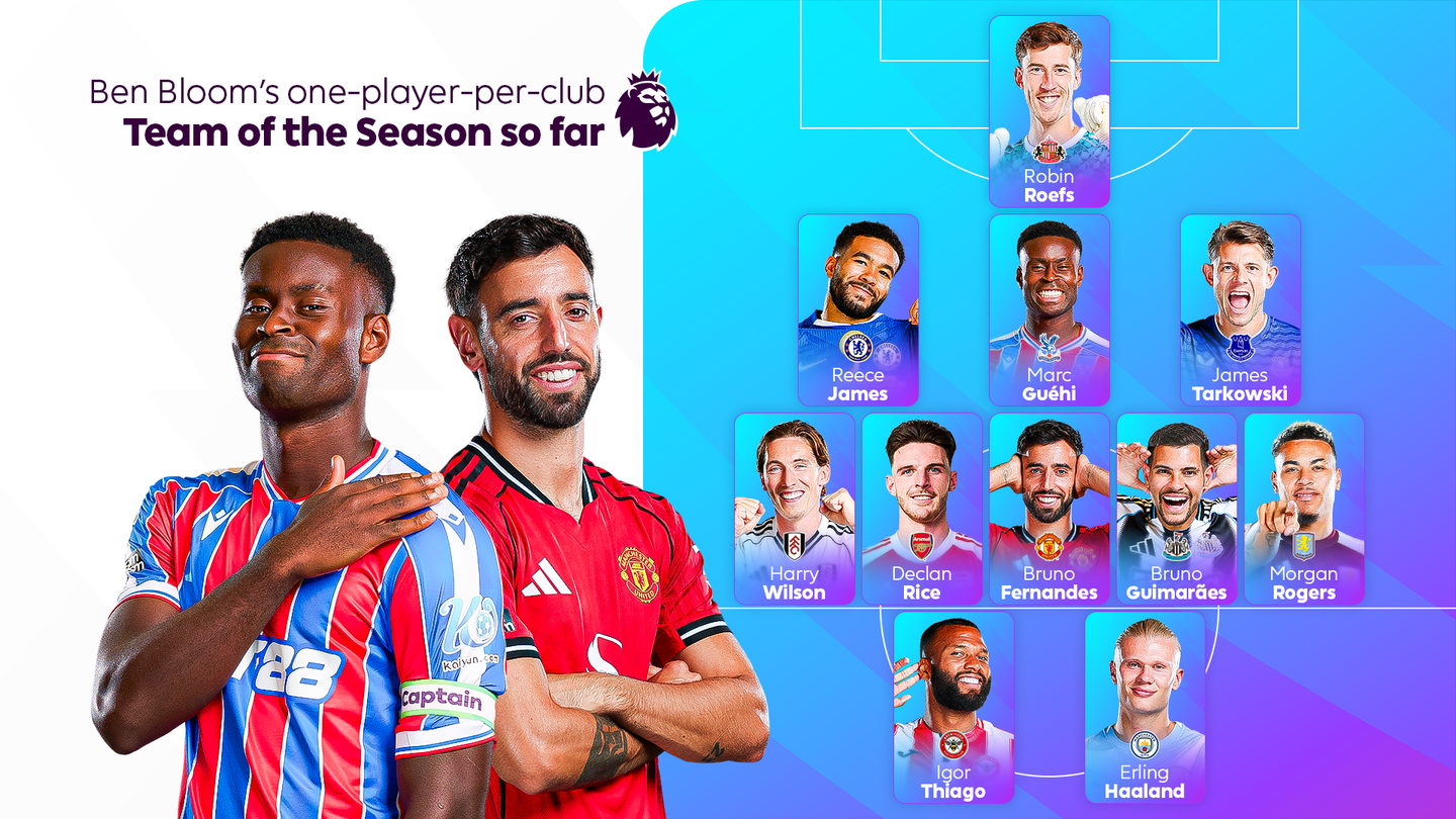 Graphic showing a Premier League Team of the Season line-up featuring Marc Guehi and Bruno Fernandes and the nine other players listed in the article