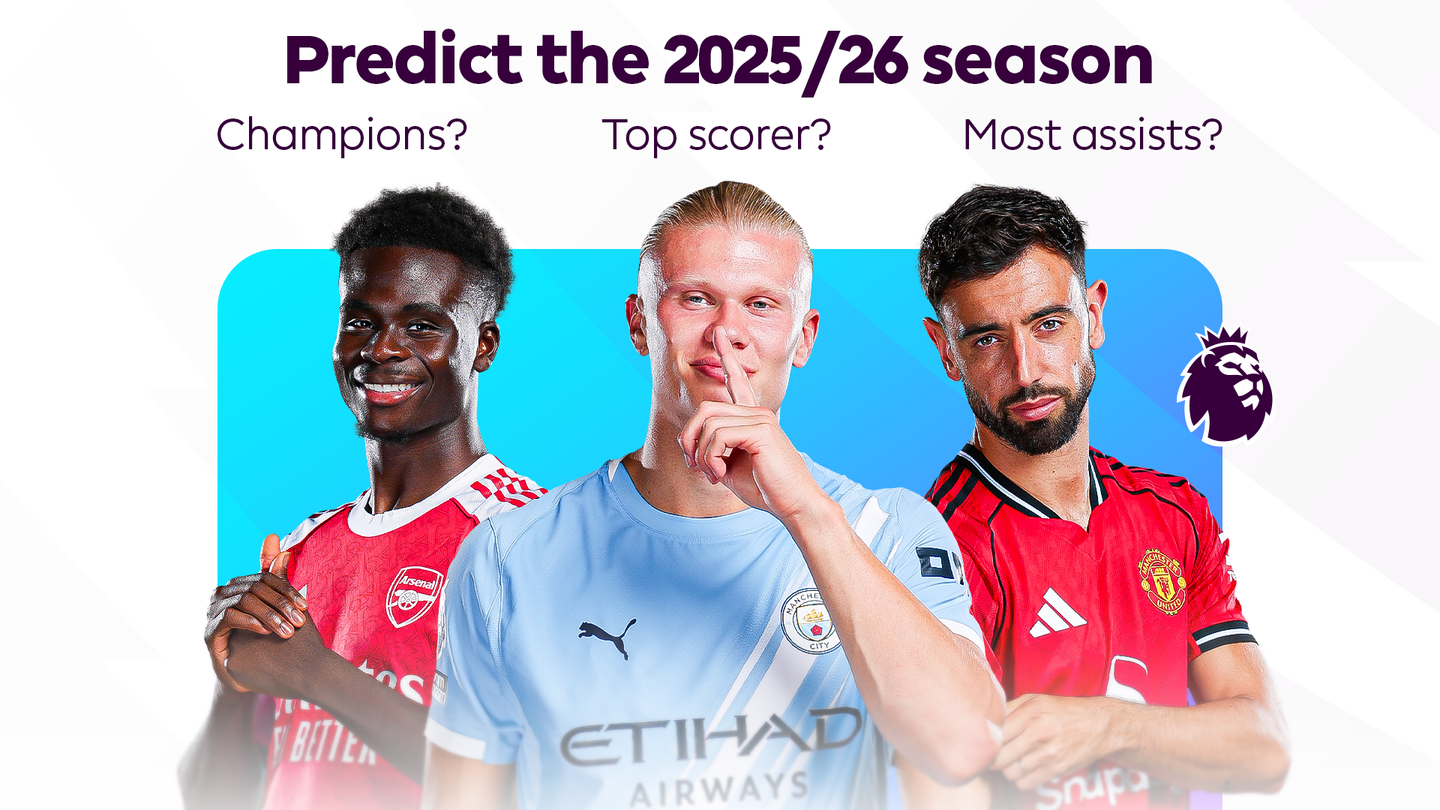 A graphic showing Saka, Haaland and Fernandes with text titled 'Predict the 2025/26 season'