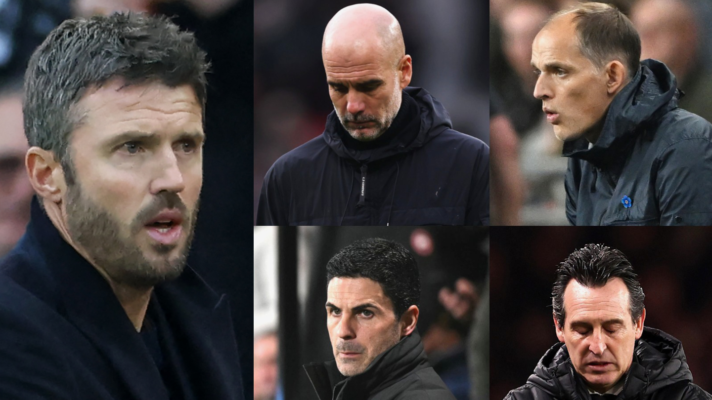 Collage of photos showing Michael Carrick and Pep Guardiola and Thomas Tuchel and Mikel Arteta and Unai Emery
