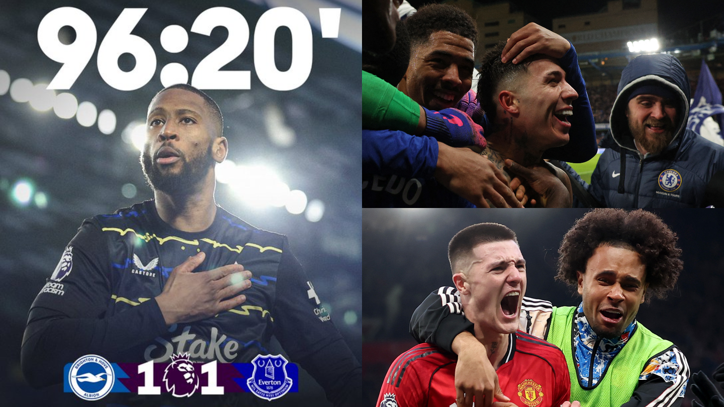Composite showing the celebration of late goals by Beto for Everton and Enzo Fernandez for Chelsea and Benjamin Sesko for Manchester United