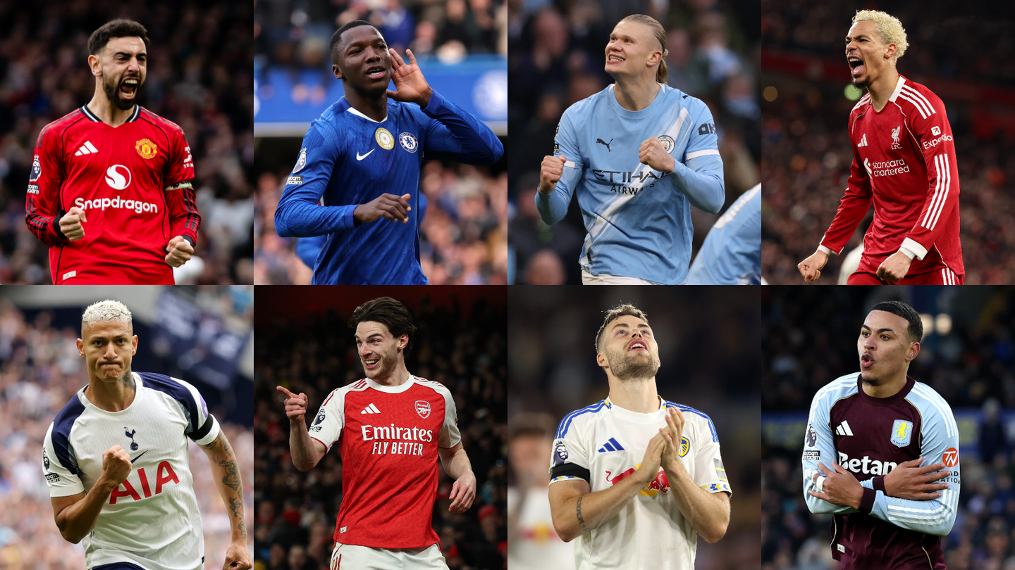 Composite of Fernandes Caicedo Haaland Ekitike Richarlison Rice Gudmundsson Rogers celebrating goals