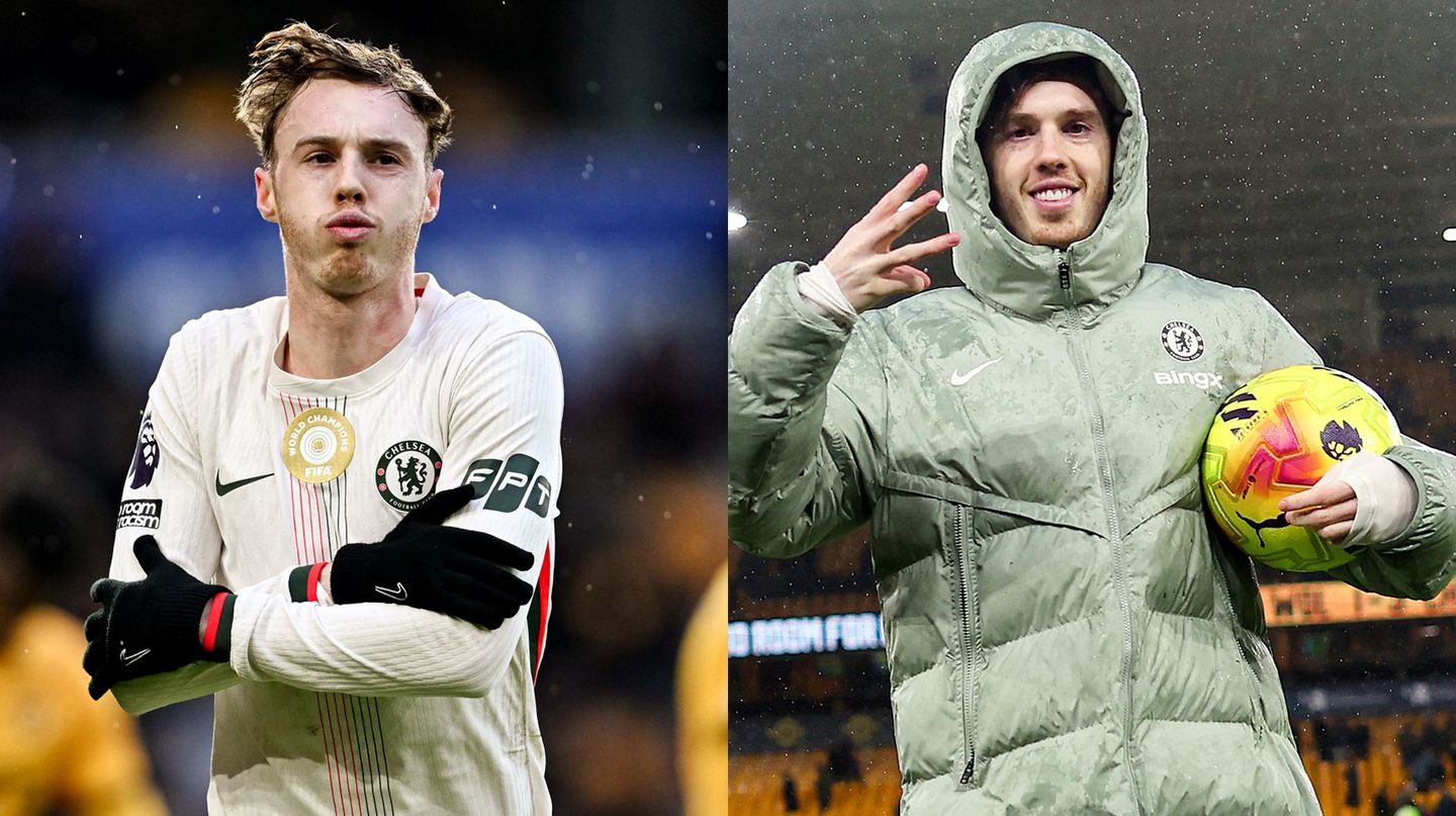 Cole Palmer celebrating and with match ball