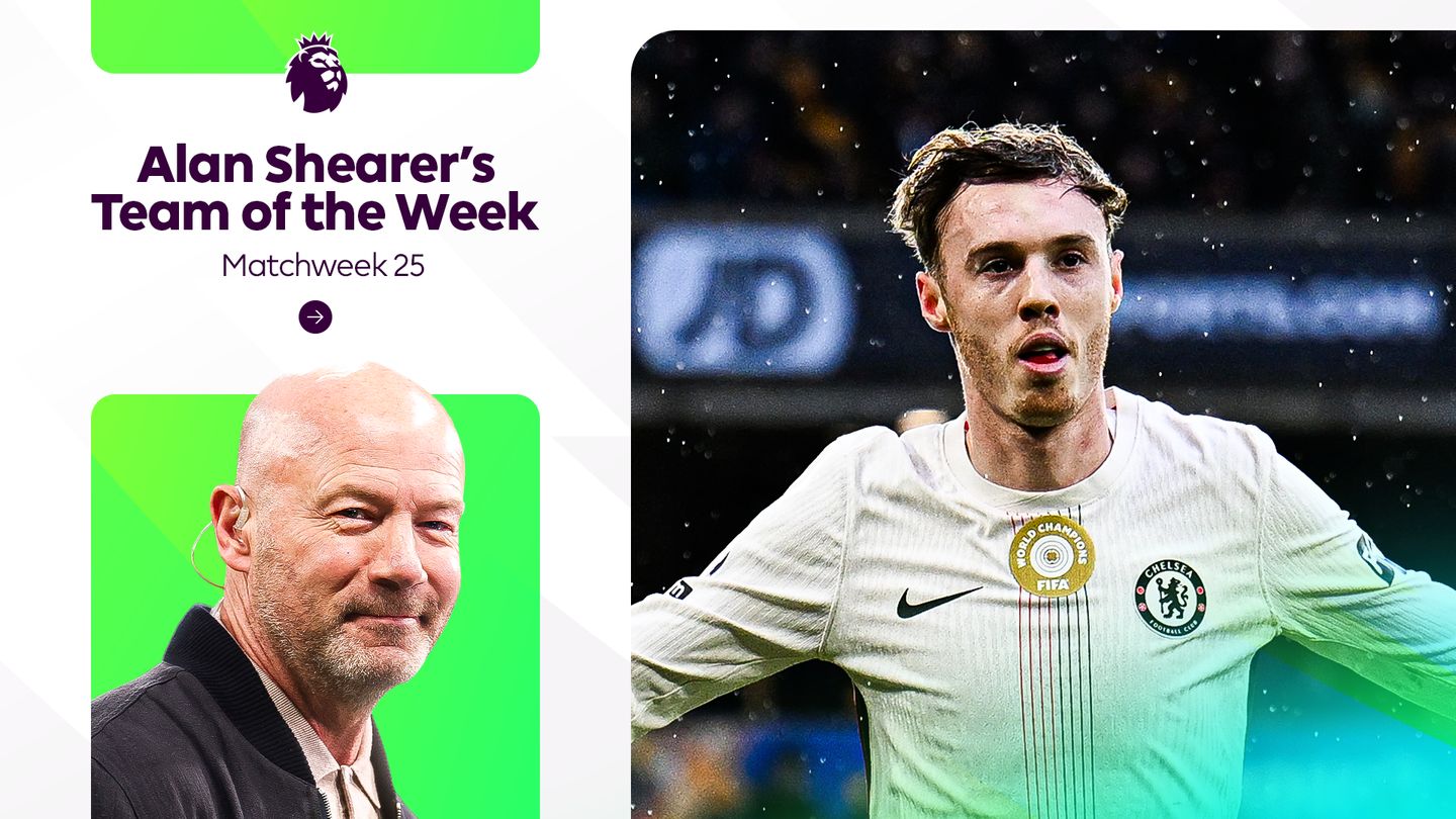 Graphic showing Alan Shearer and Chelsea's Cole Palmer