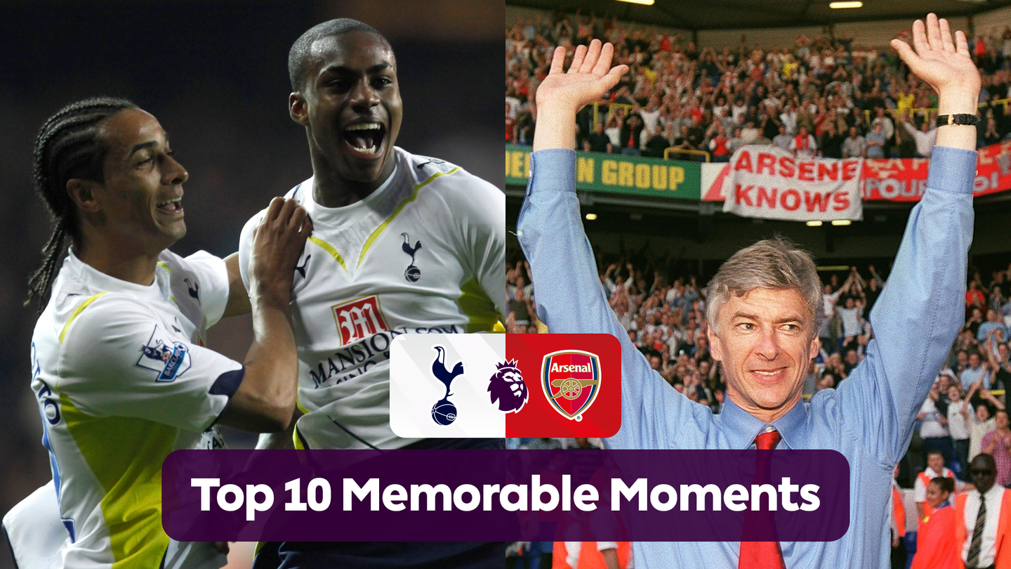 An image of Rose and Assou-Ekotto celebrating (left) and Arsene Wenger (right), with club badges and 10 memorable moments overlay