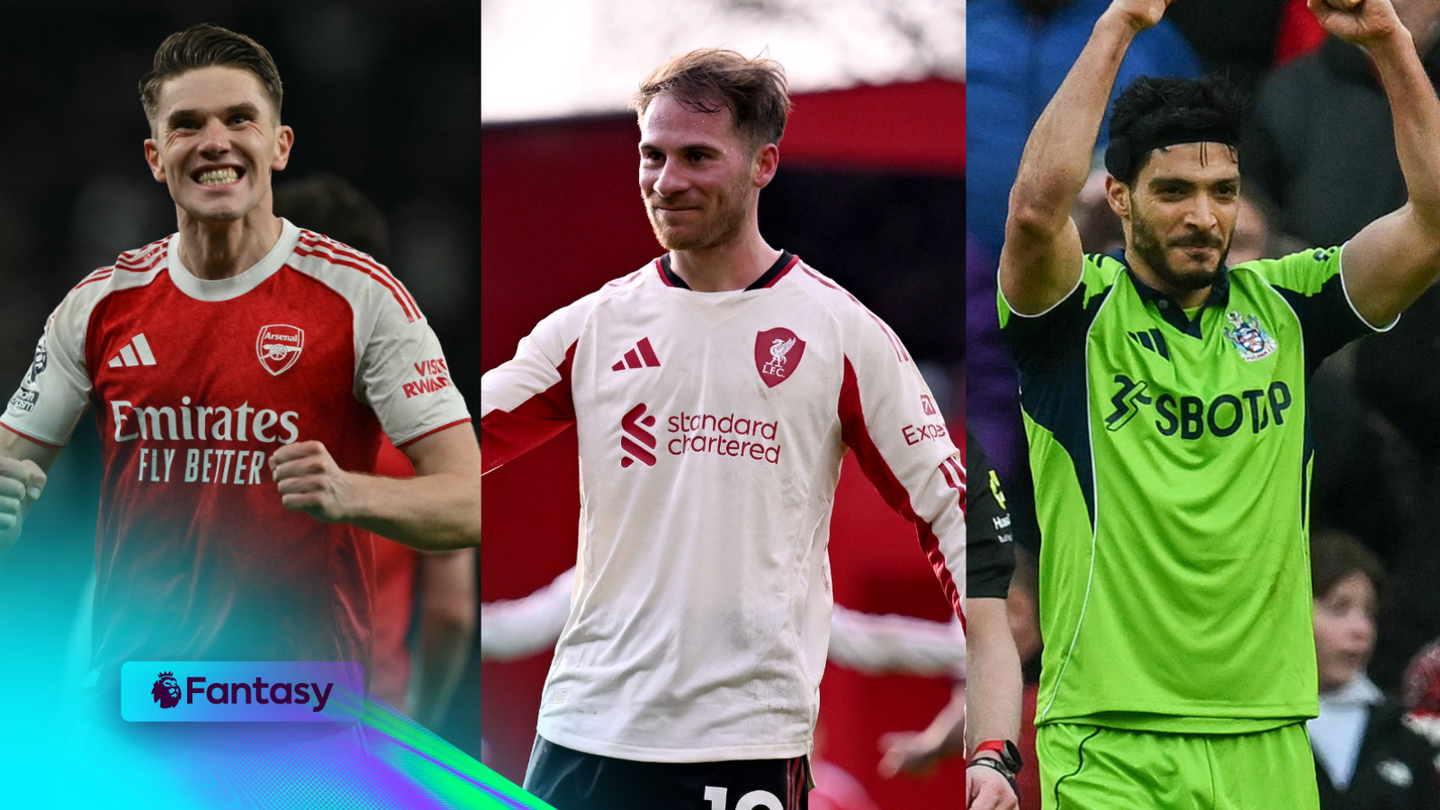 Collage of Viktor Gyokeres and Alexis Mac Allister and Raul Jimenez smiling after scoring goals with Fantasy Premier League logo overlay