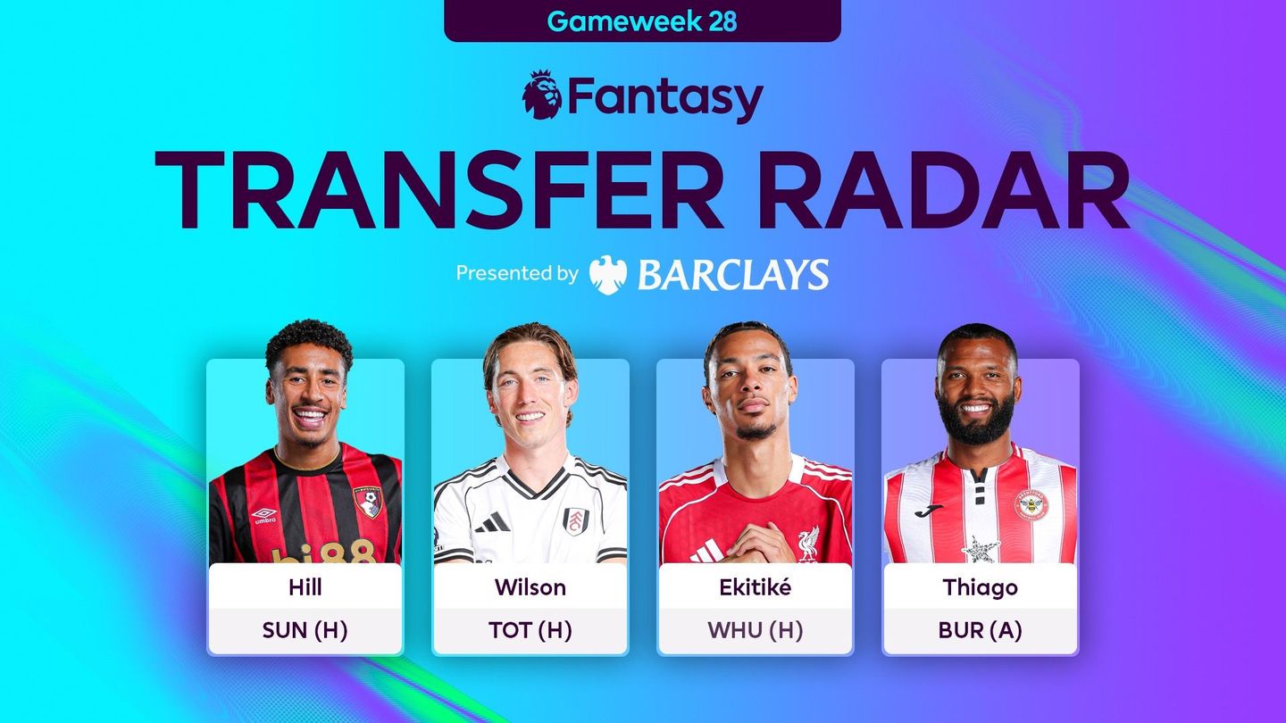 An image of James Hill, Harry Wilson, Hugo Ekitike and Igor Thiago for FPL Transfer Radar Gameweek 28