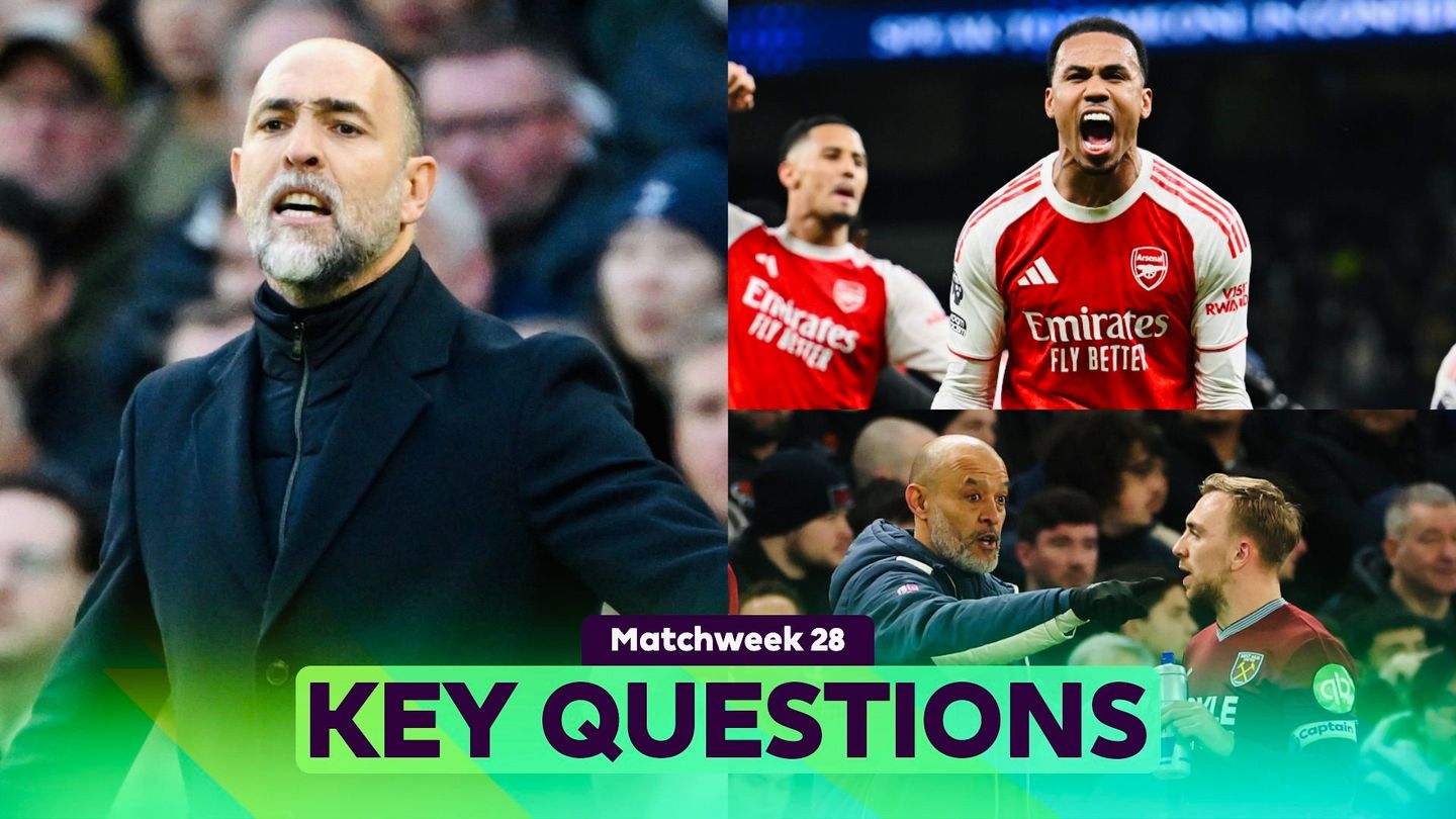 Matchweek 28 Key Questions composite of an animated Igor Tudor (left), Gabriel celebrating (top right) and Nuno giving directions to Mark Bowen (bottom right)