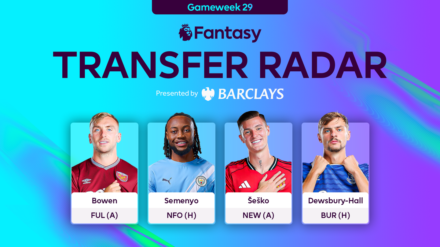 An image of Jarrod Bowen, Antoine Semenyo, Benjamin Sesko and Kiernan Dewsbury-Hall for FPL Gameweek 28 Transfer Radar