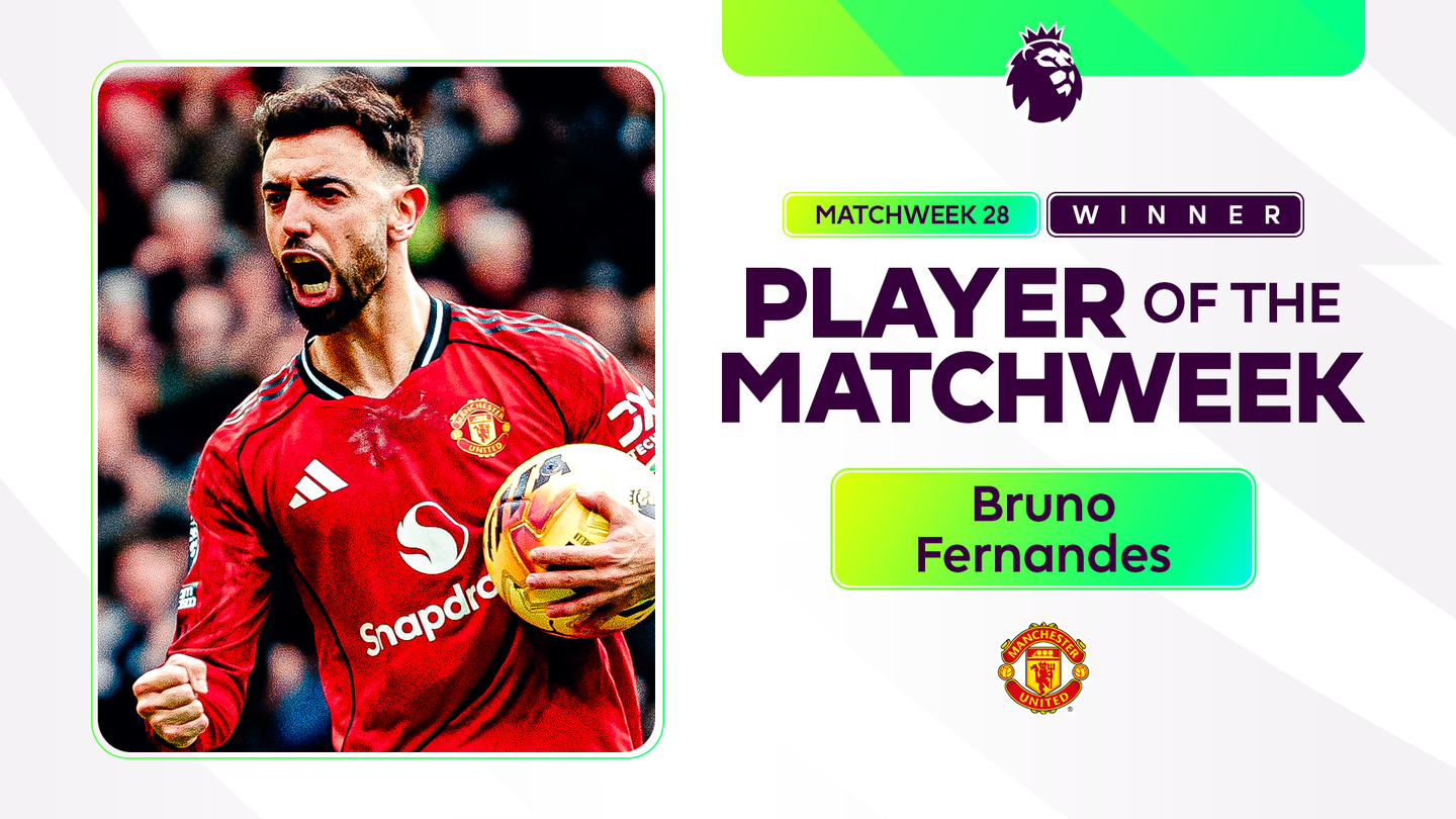 A graphic of Bruno Fernandes as the Matchweek 28 Player of the Matchweek