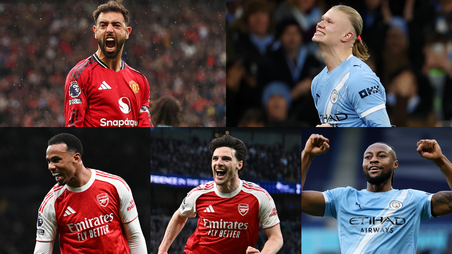 Collage of photos of Bruno Fernandes and Erling Haaland and Gabriel Magalhaes and Declan Rice and Antoine Semenyo celebrating goals