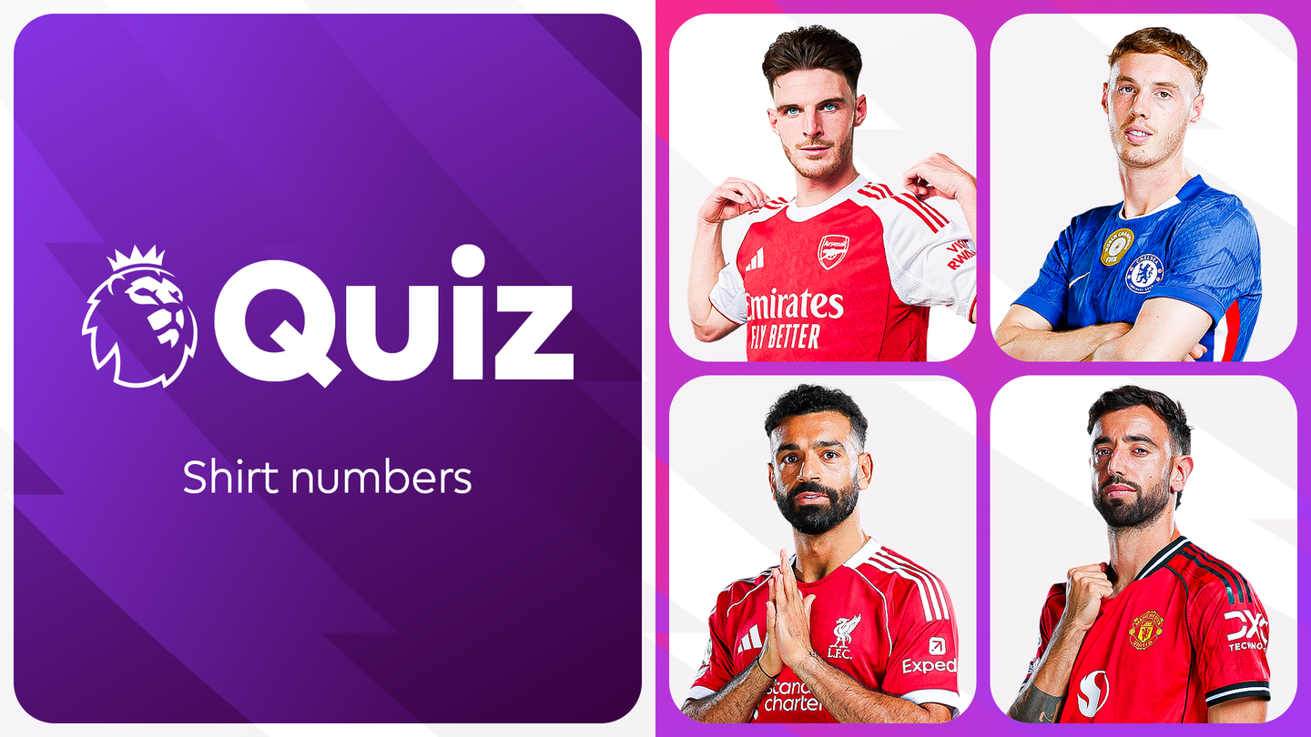 Designed image promoting a quiz on shirt numbers featuring portrait photos of Declan Rice, Cole Palmer, Mohamed Salah and Bruno Fernandes posing for and facing the camera