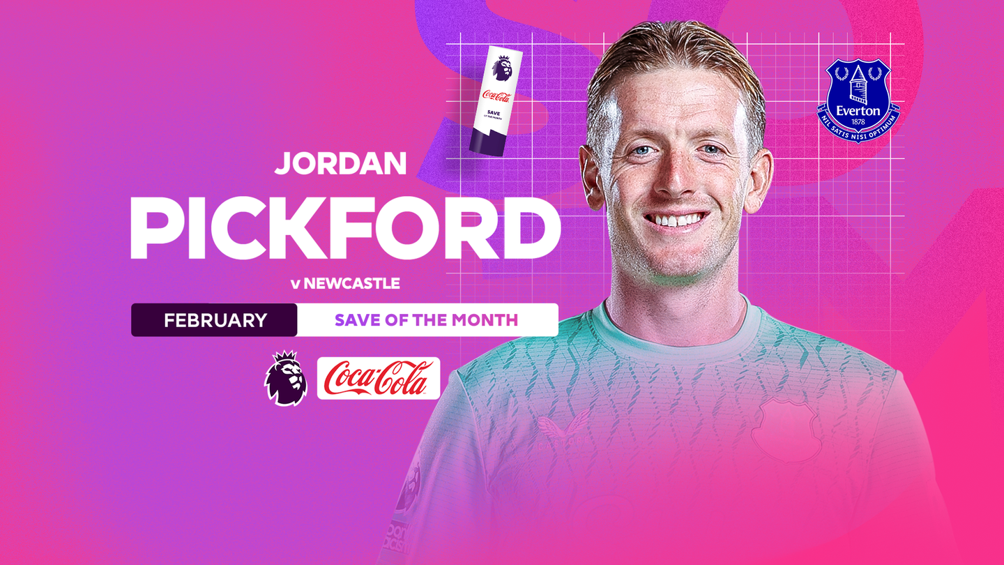 A graphic of February's Coca-Cola Save of the Month winner, Jordan Pickford