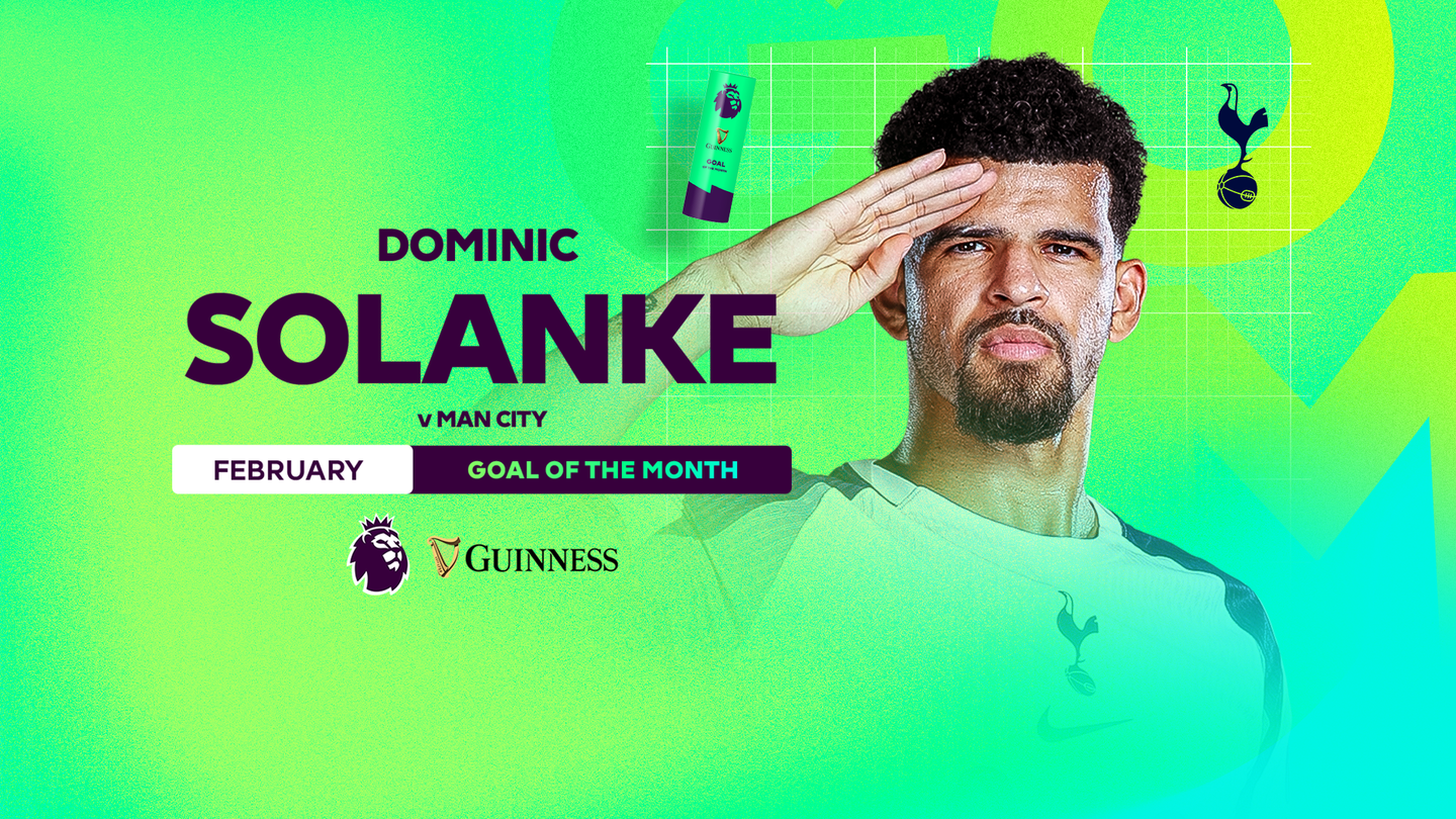 A graphic of February's Guinness Goal of the Month winner, Dominic Solanke