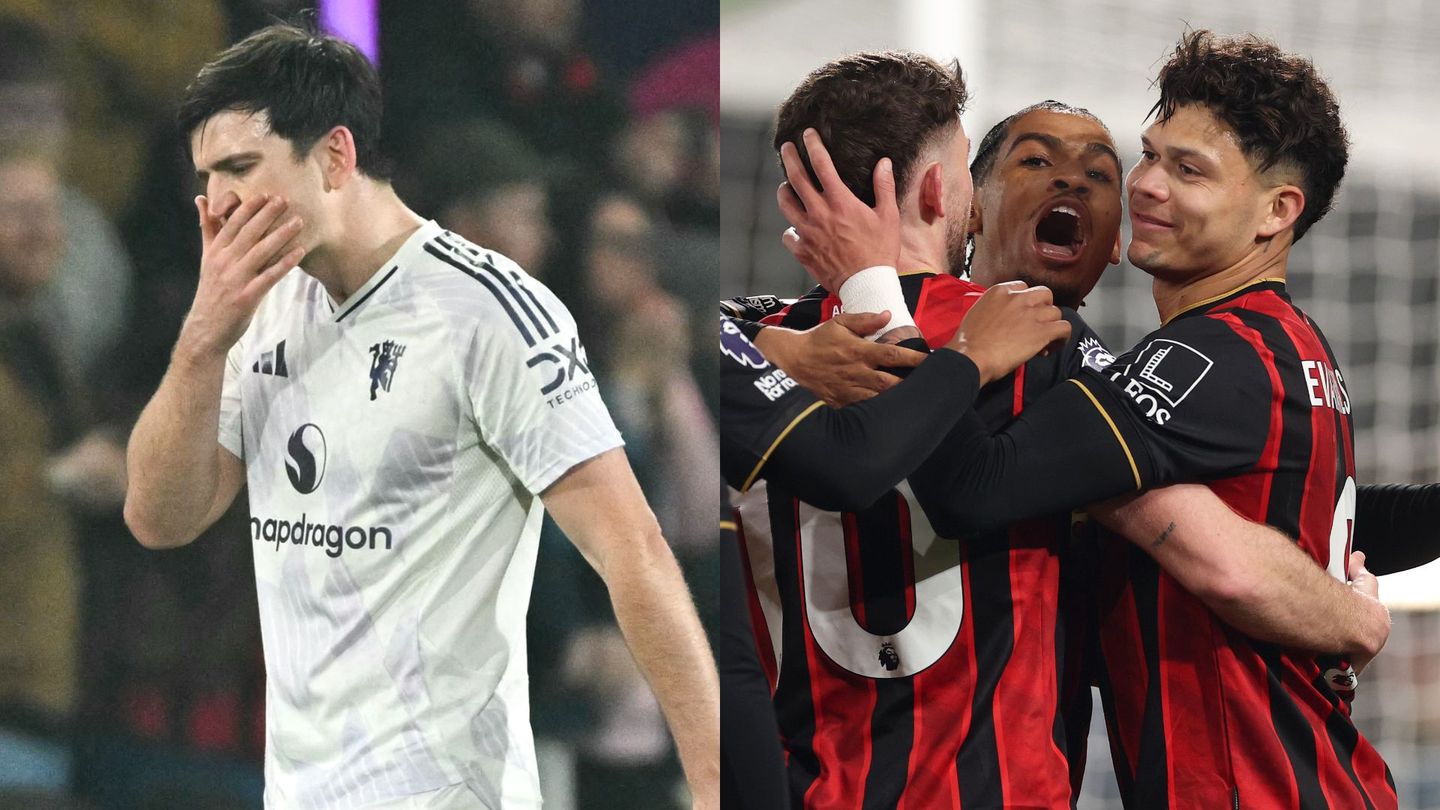 Dejected Harry Maguire (left) after his red card while Kroupi (centre right) roars with delight after scoringjpg