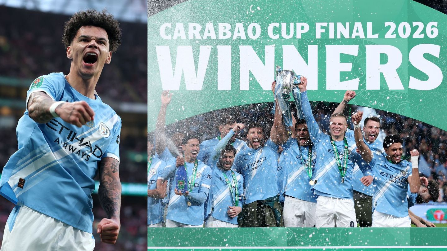 A composite of Nico O'Reilly and Man City celebrating EFL Cup final win