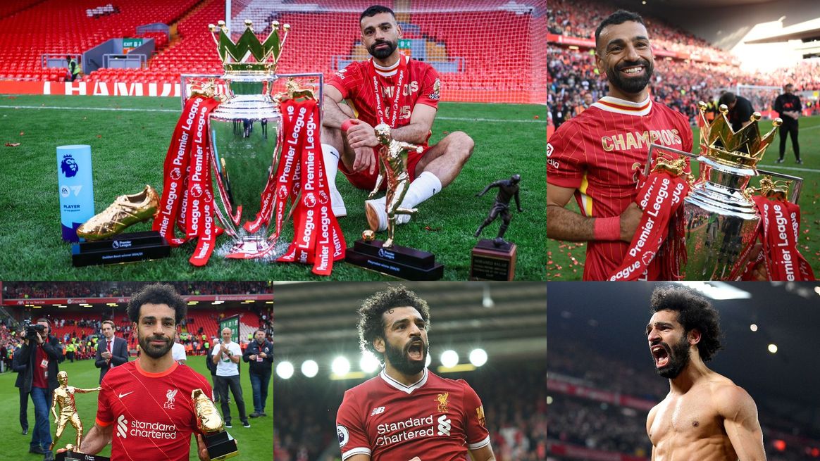 An image of Salah with his individual honours, club trophies and celebrations of the goals he's scored