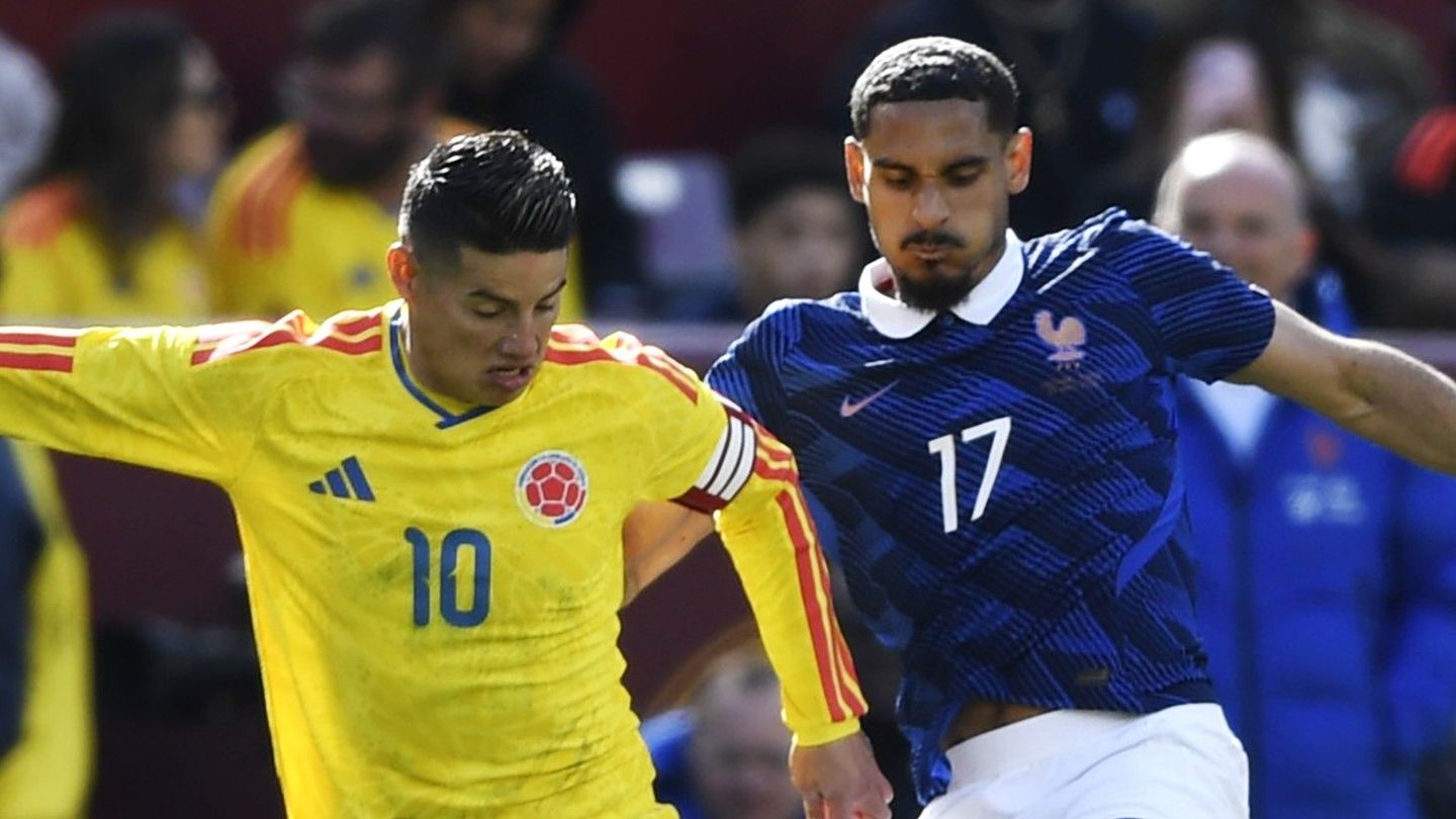 An image of Colombia captain James Rodriguez and France centre-back Maxence Lacroix
