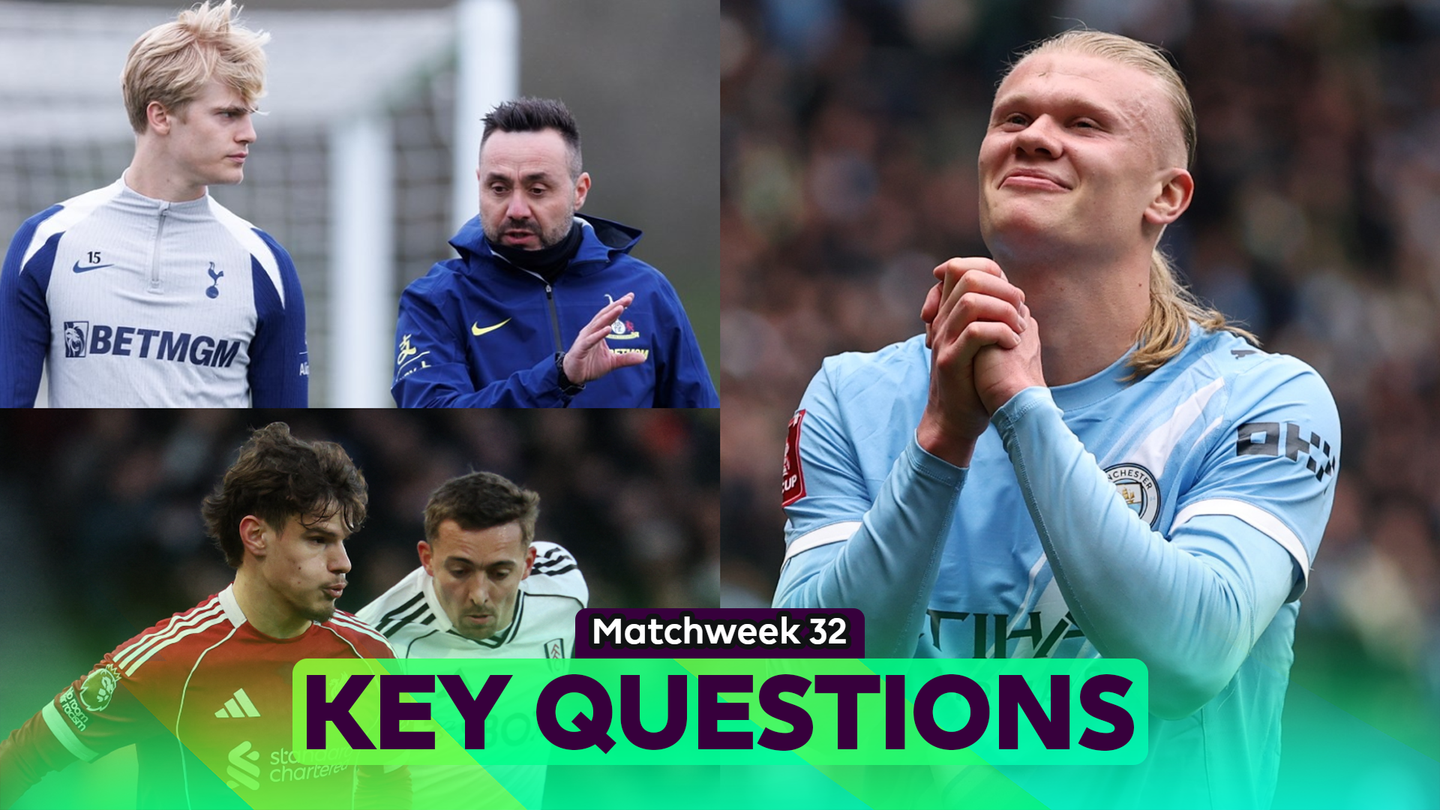 Collage of Lucas Bergvall with Roberto De Zerbi and Erling Haaland and Milos Kerkez battling with Timothy Castagne with Matchweek 32 Key Questions overlay