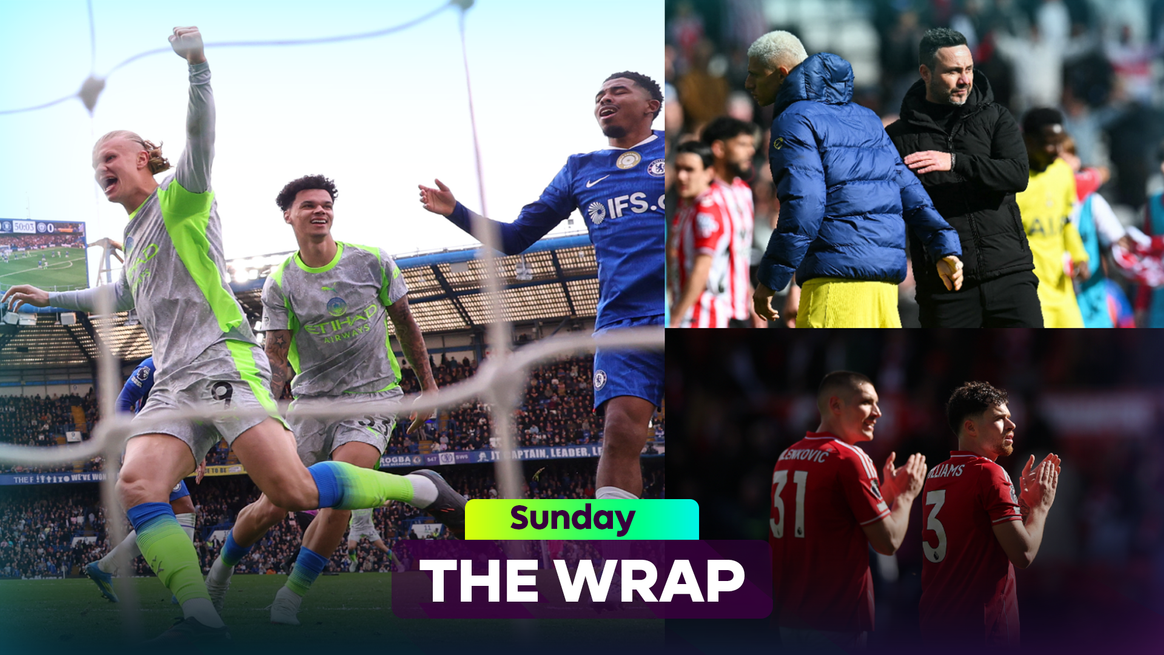 Collage of Erling Haaland and Nico O'Reilly celebrating and Roberto De Zerbi with Richarlison and Milenkovic and Williams clapping Forest fans