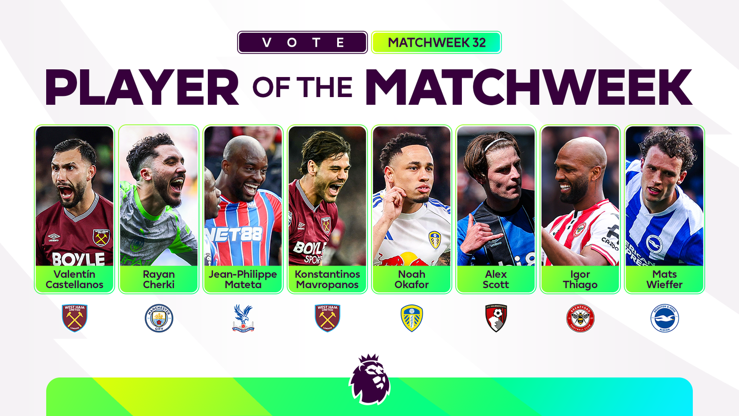 A graphic of the nominees for Matchweek 32's Player of the Matchweek