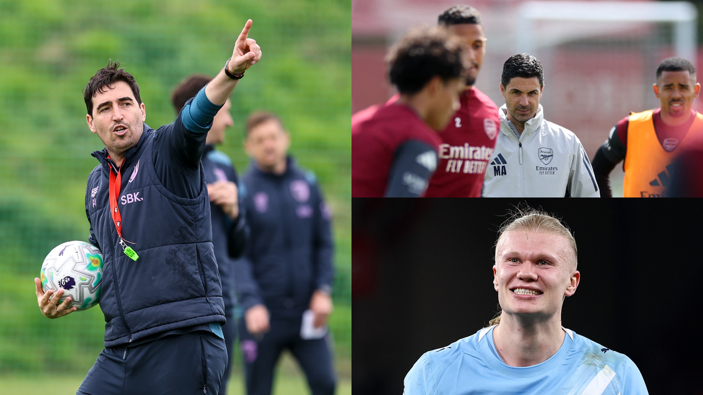 Collage of Andoni Iraola in training and Mikel Arteta with Arsenal players in training and Erling Haaland smiling