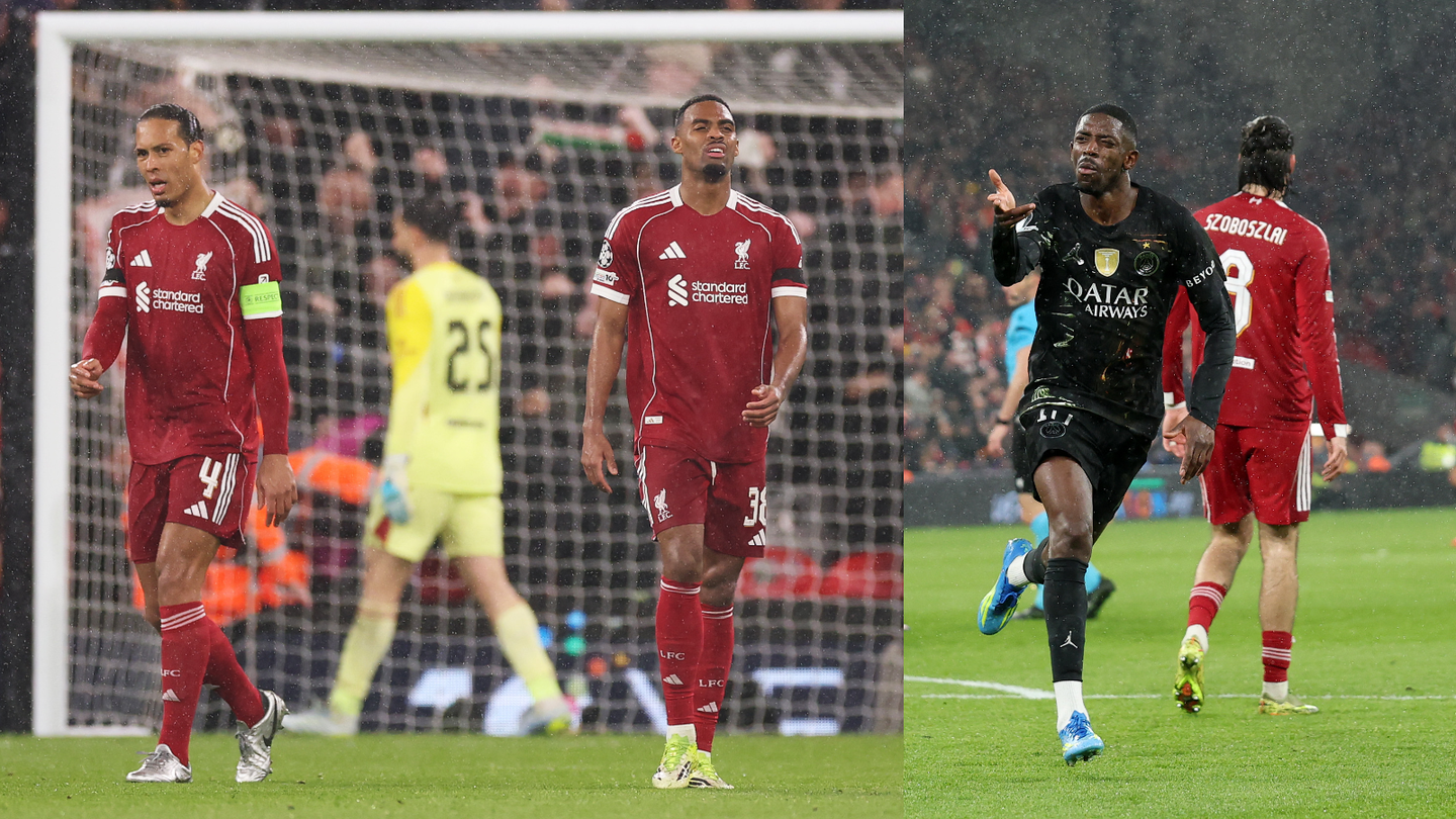 Collage of Virgil van Dijk and Ryan Gravenberch looking dejected and Ousmane Dembele celebrating his first goal for PSG