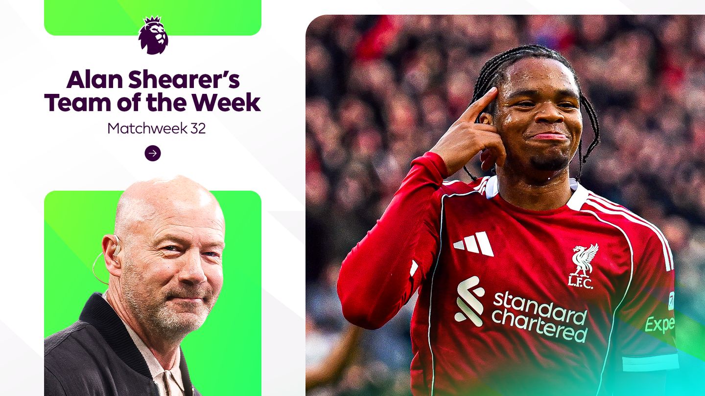 A lead image of Alan Shearer's Matchweek 32 Team of the Week with Liverpool's Rio Ngumoha
