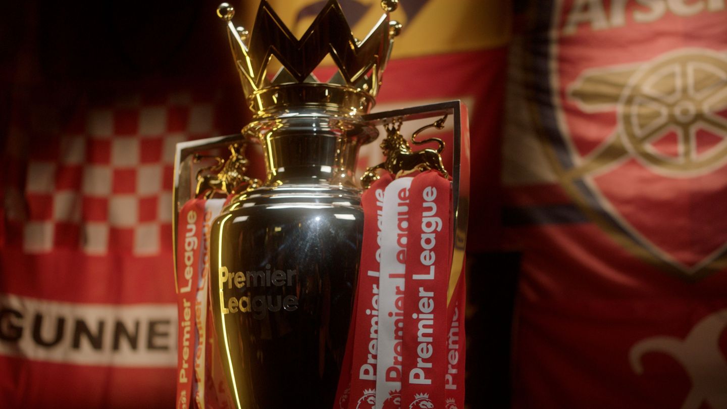 Premier League Trophy with Arsenal ribbons 5