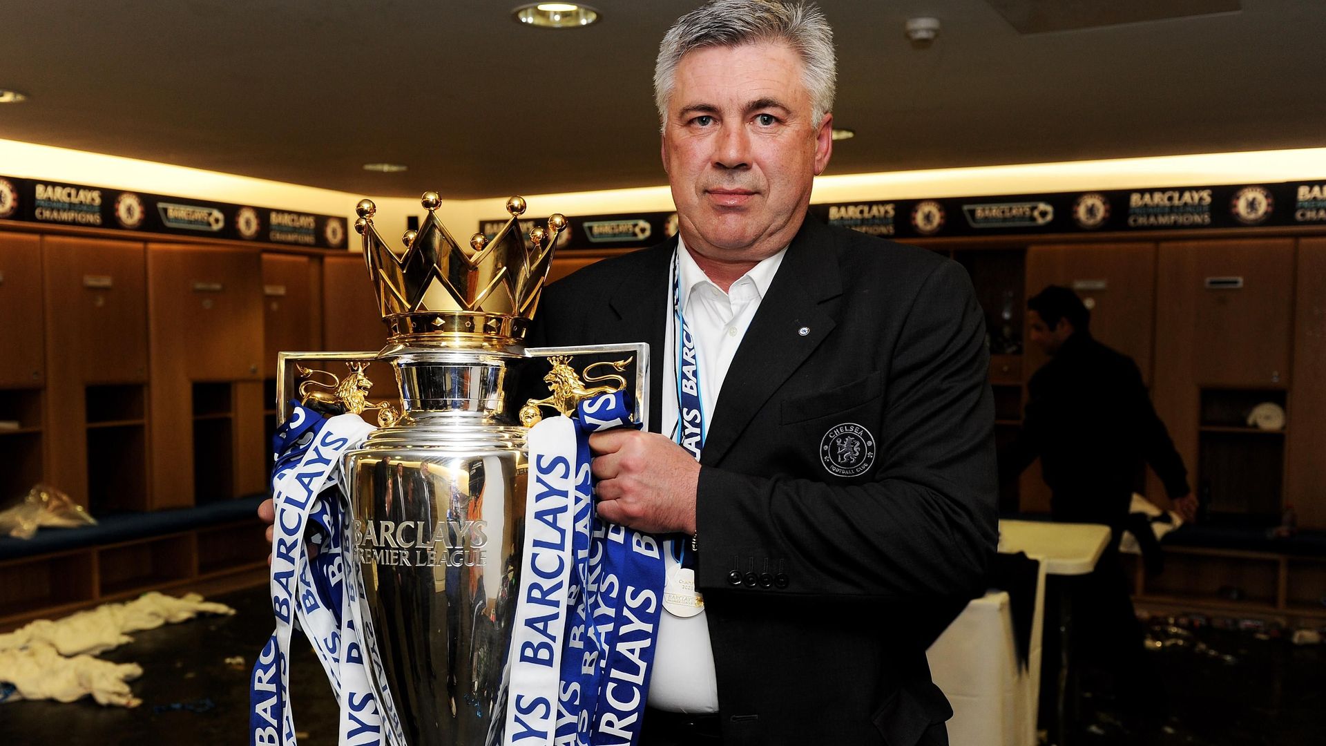 Carlo Ancelotti with the Premier League Trophy