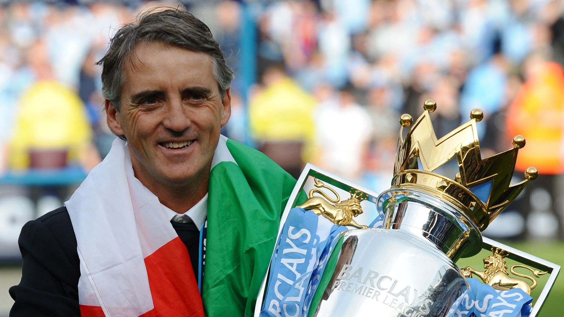 Roberto Mancini with the Premier League Trophy