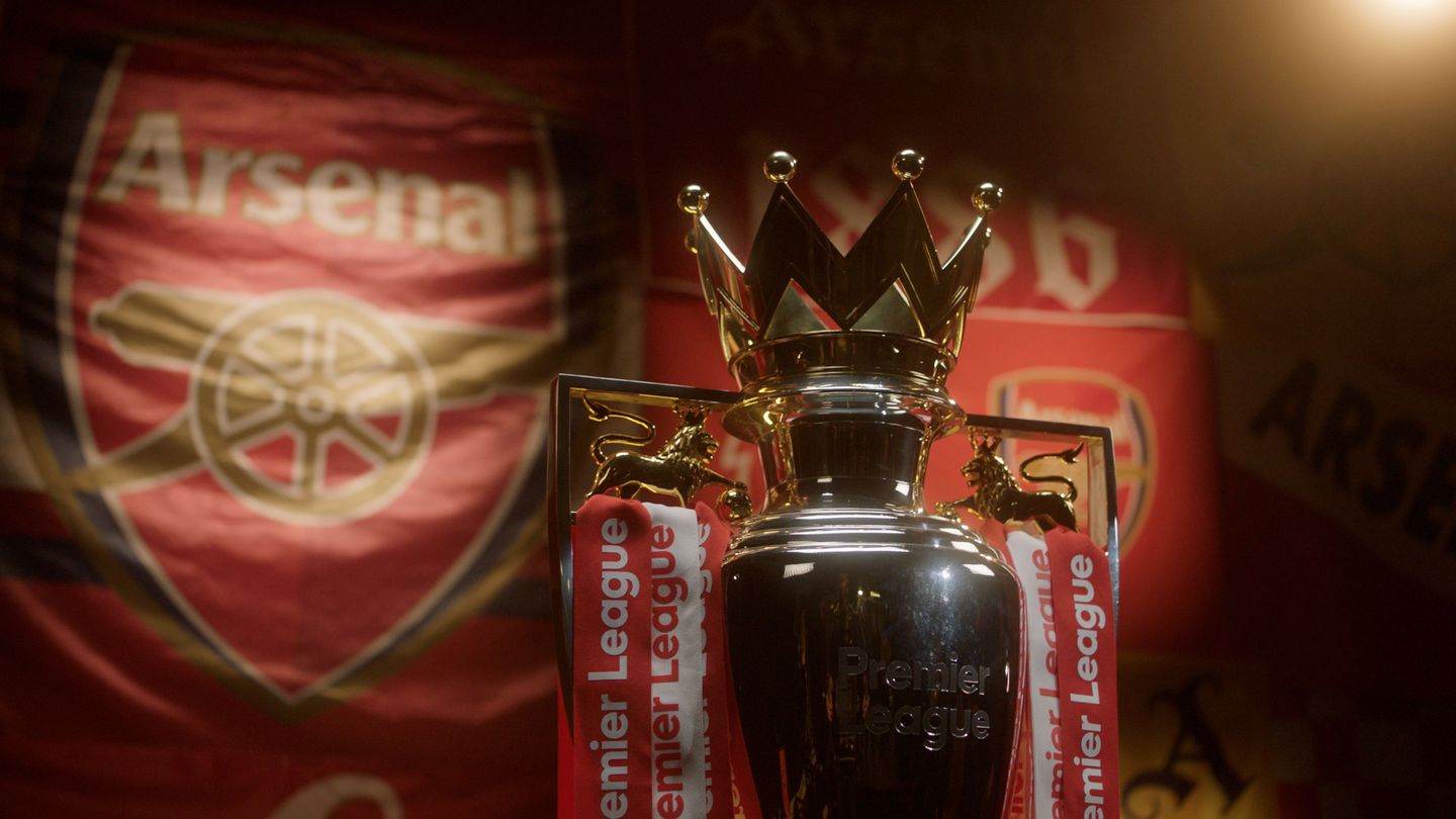Premier League Trophy with Arsenal ribbons 4