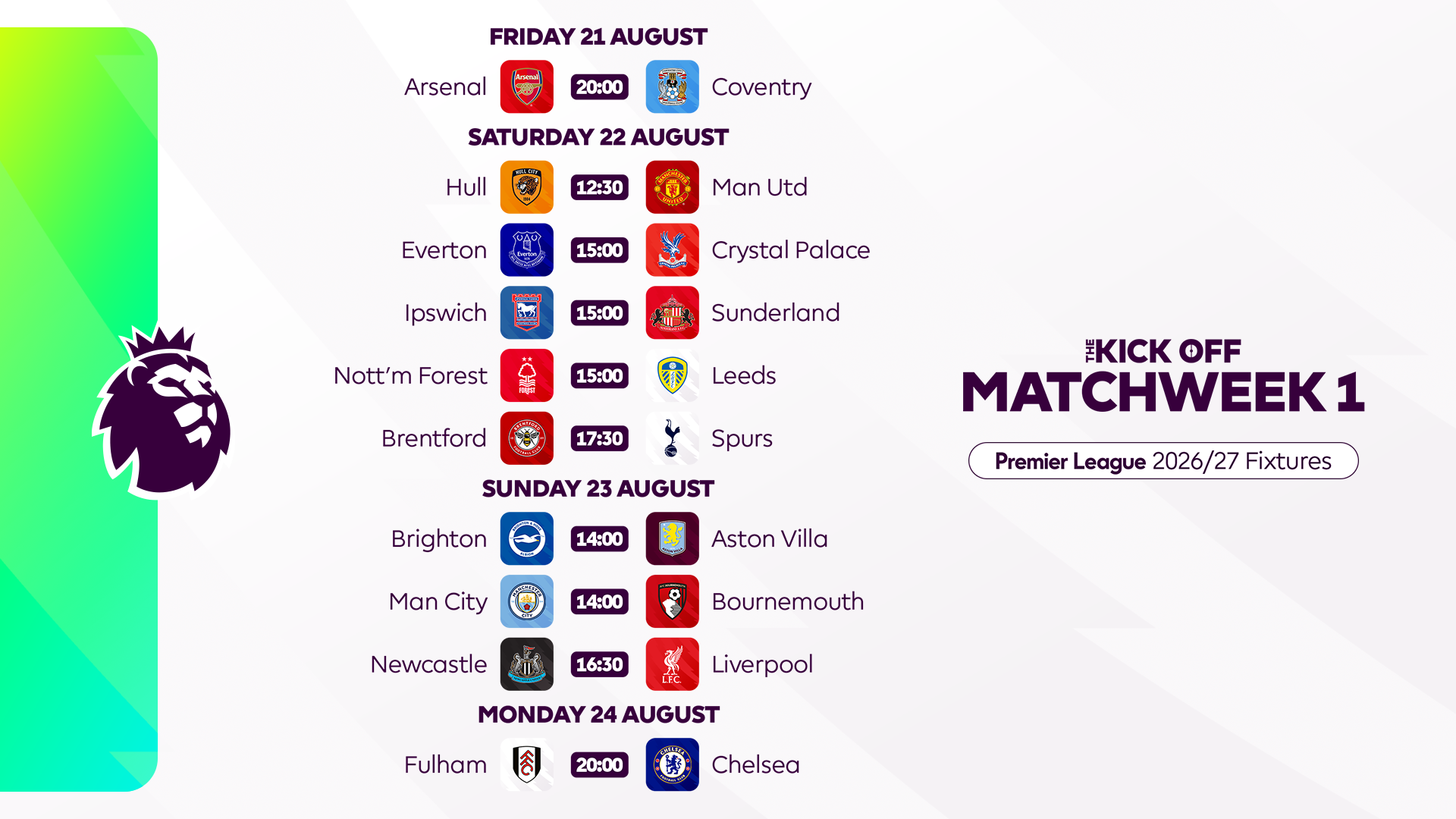 Graphic of the Matchweek 1 fixtures