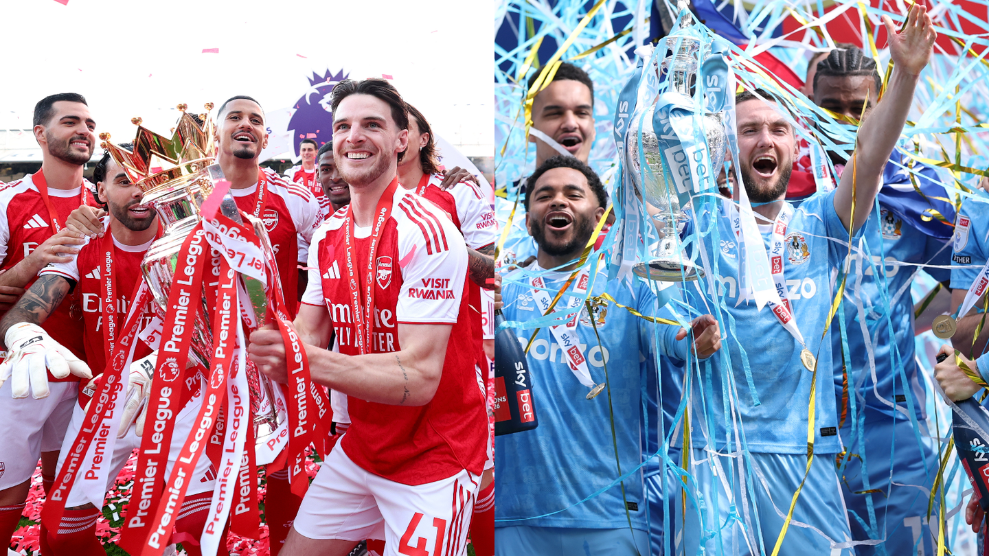 Collage of Declan Rice and his Arsenal team-mates celebrating with the Premier League trophy and Matt Grimes lifting the Championship trophy with the Coventry City squad