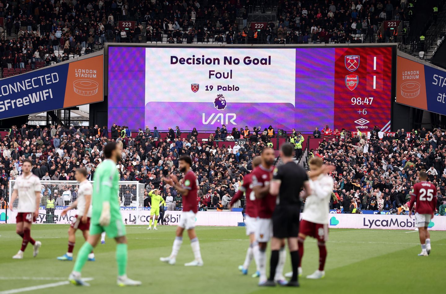 VAR on the big screen at West Ham v Arsenal