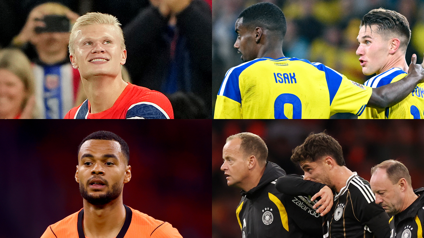 Collage of Haaland (Norway) and Isak and Gyokeres (Sweden) celebrating goals, Cody Gakpo (Netherlands) in action and Kai Havertz (Germany) walking off