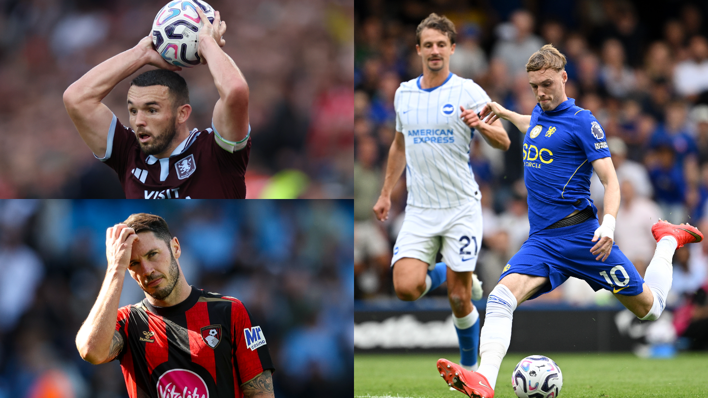 Collage of John McGinn taking a throw-in for Aston Villa, Adam Smith looking dejected after Bournemouth's defeat at Man City and Cole Palmer scoring for Chelsea against Brighton